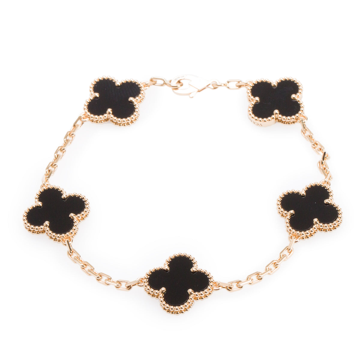 Van Cleef & Arpels 18k Yellow Gold Vintage Alhambra 5 Motif Onyx Bracelet w/ Box & Certificate