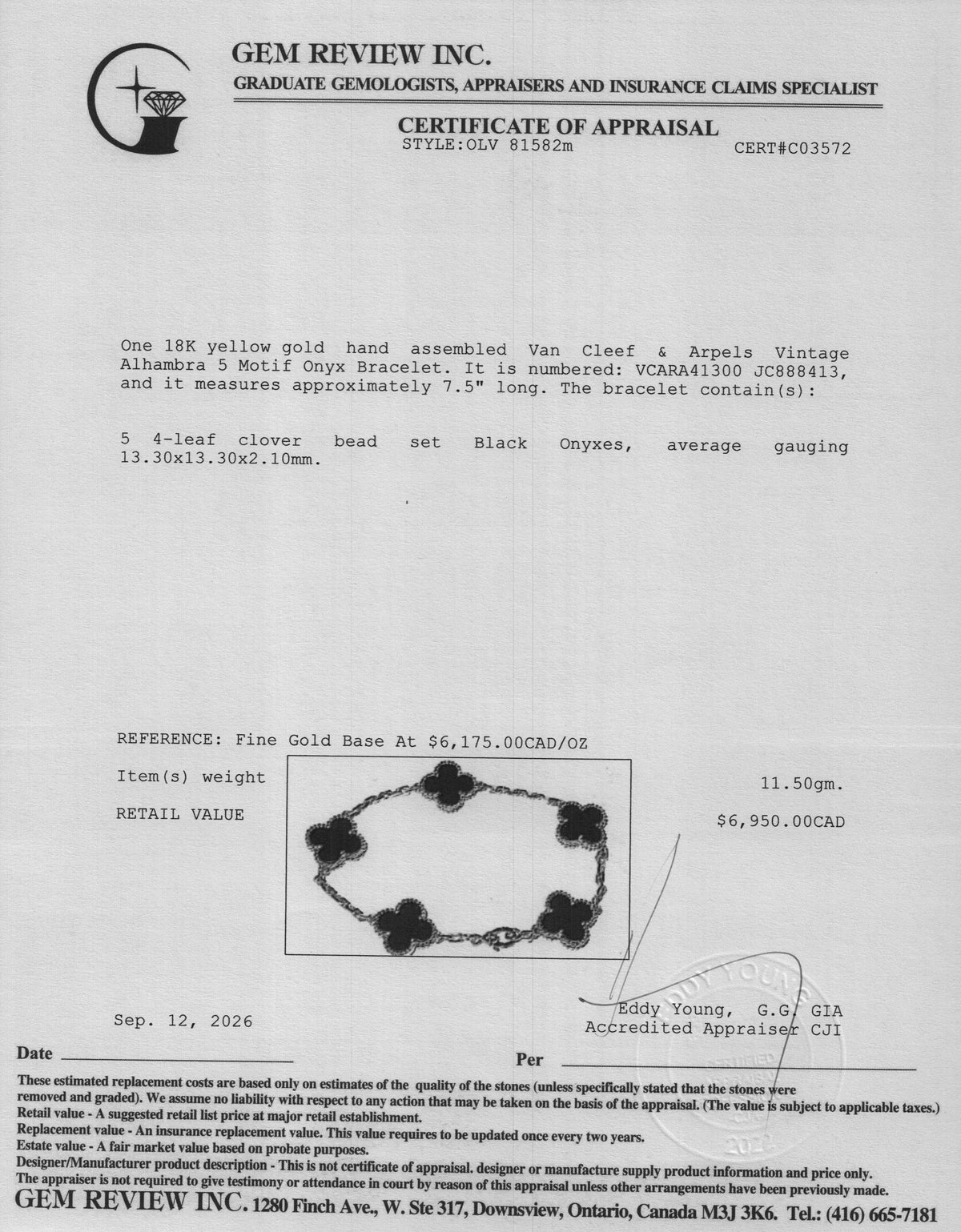 Van Cleef & Arpels 18k Yellow Gold Vintage Alhambra 5 Motif Onyx Bracelet w/ Box & Certificate