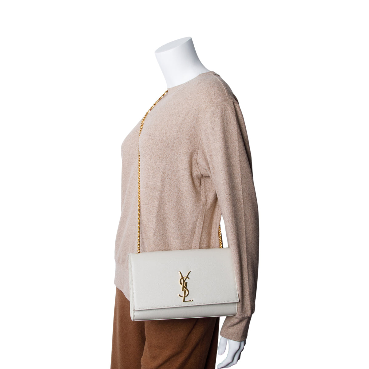 Saint Laurent Cream Grain De Poudre Medium Kate Bag w/ Box