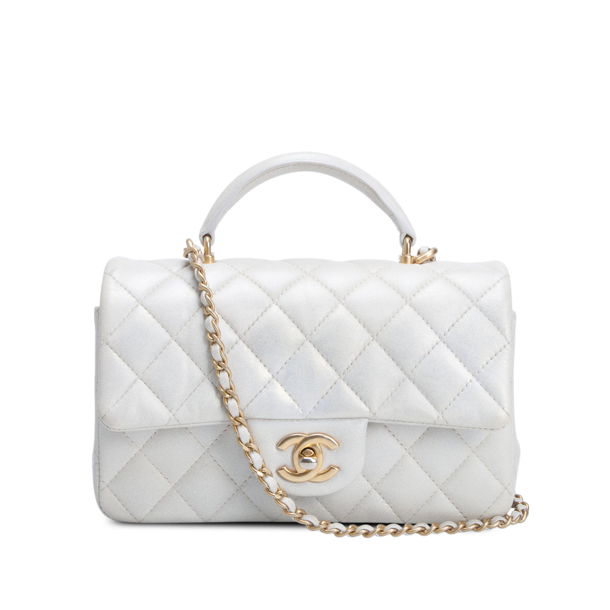 Chanel 2021 White Iridescent Lambskin Quilted Mini Top Handle Rectangular Flap w/ Authenticity Card