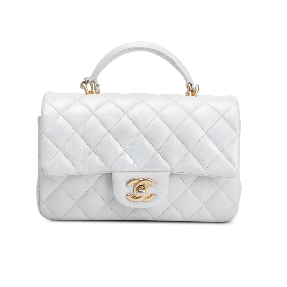 Chanel 2021 White Iridescent Lambskin Quilted Mini Top Handle Rectangular Flap w/ Authenticity Card