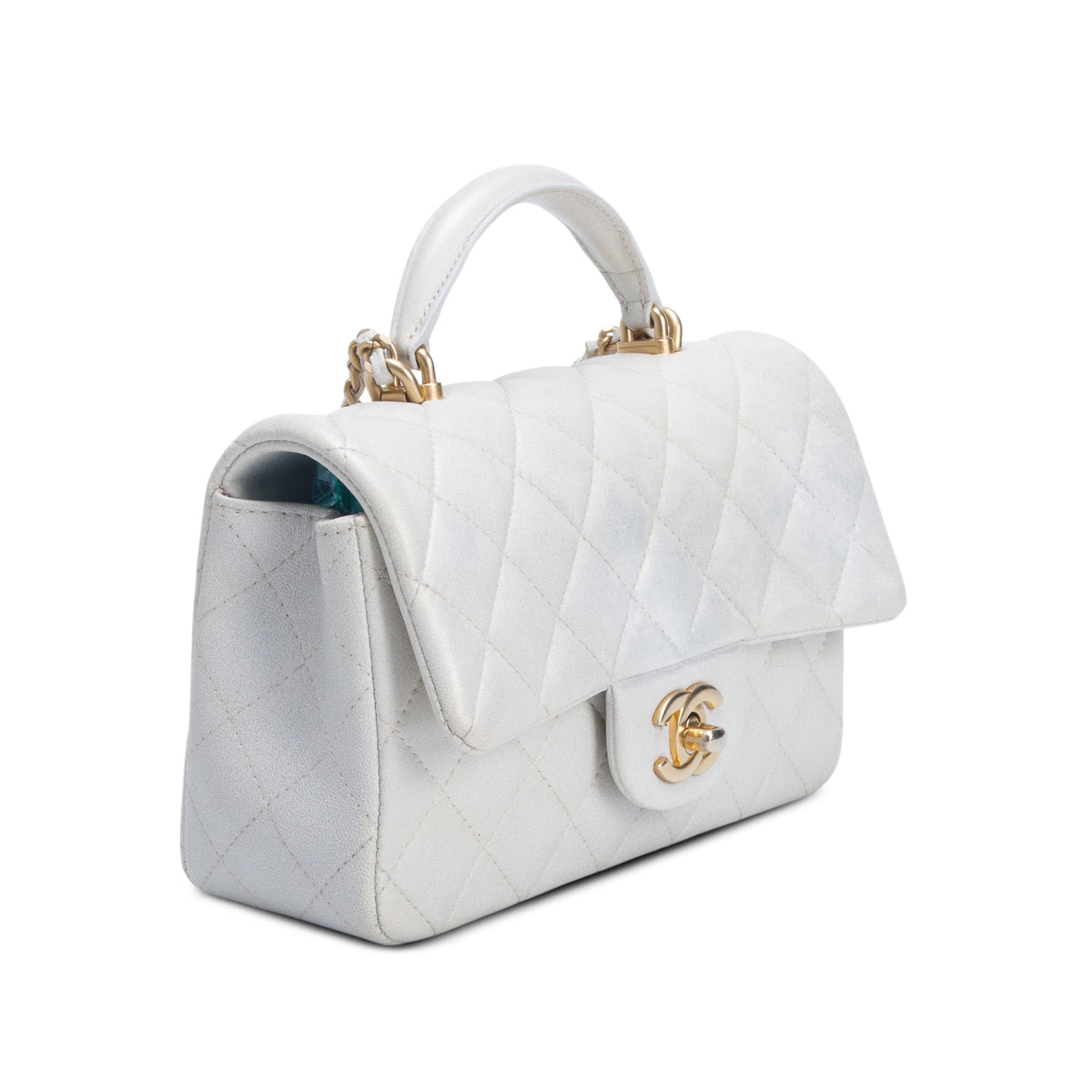 Chanel 2021 White Iridescent Lambskin Quilted Mini Top Handle Rectangular Flap w/ Authenticity Card
