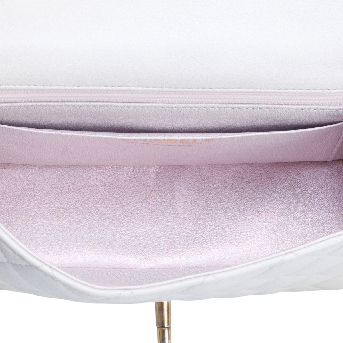 Chanel 2021 White Iridescent Lambskin Quilted Mini Top Handle Rectangular Flap w/ Authenticity Card