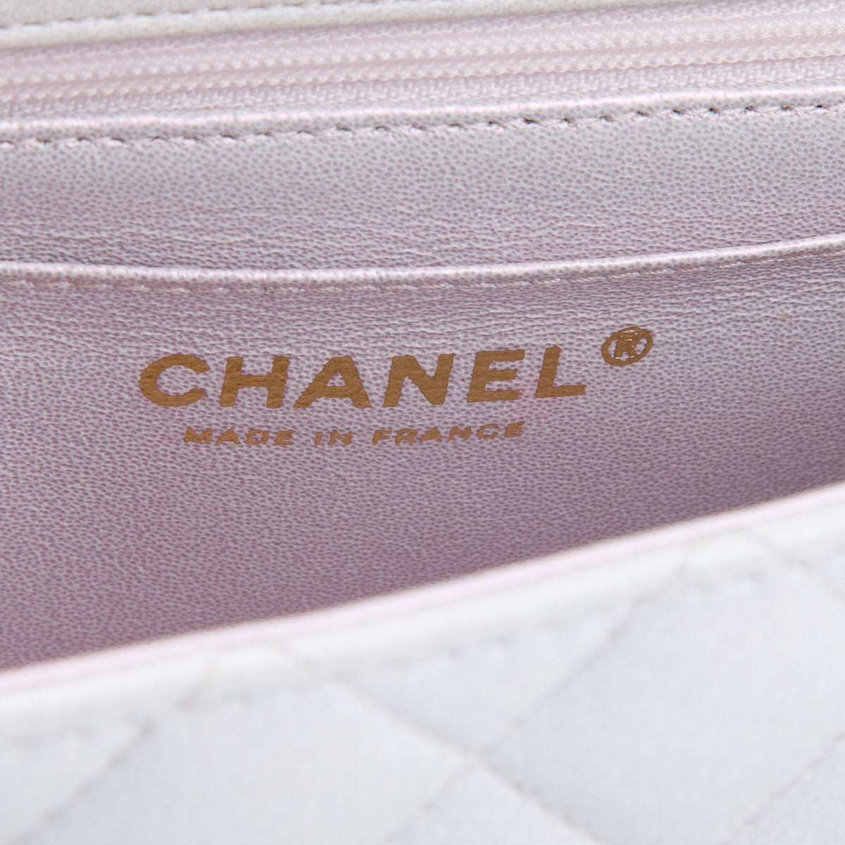 Chanel 2021 White Iridescent Lambskin Quilted Mini Top Handle Rectangular Flap w/ Authenticity Card