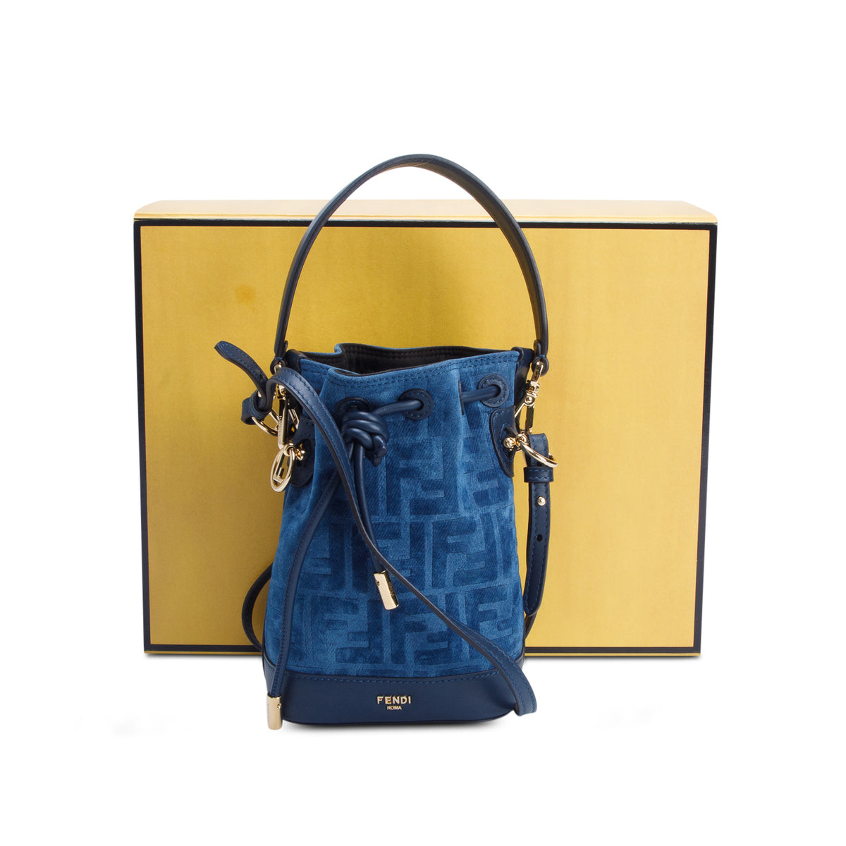 Fendi 2025 Blue Denim Effect Velvet FF Jacquard Vitello Mini Mon Tresor Bucket Bag w/ Box, Straps & Receipt