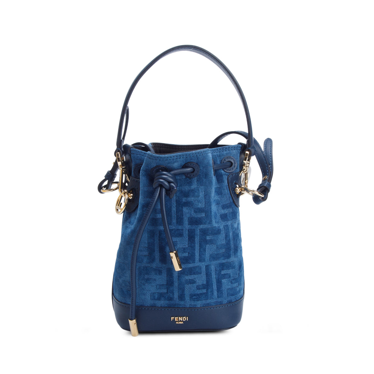 Fendi 2025 Blue Denim Effect Velvet FF Jacquard Vitello Mini Mon Tresor Bucket Bag w/ Box, Straps & Receipt