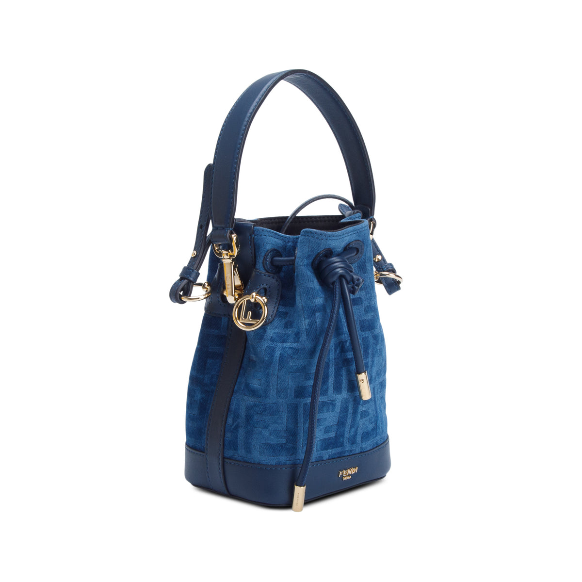 Fendi 2025 Blue Denim Effect Velvet FF Jacquard Vitello Mini Mon Tresor Bucket Bag w/ Box, Straps & Receipt