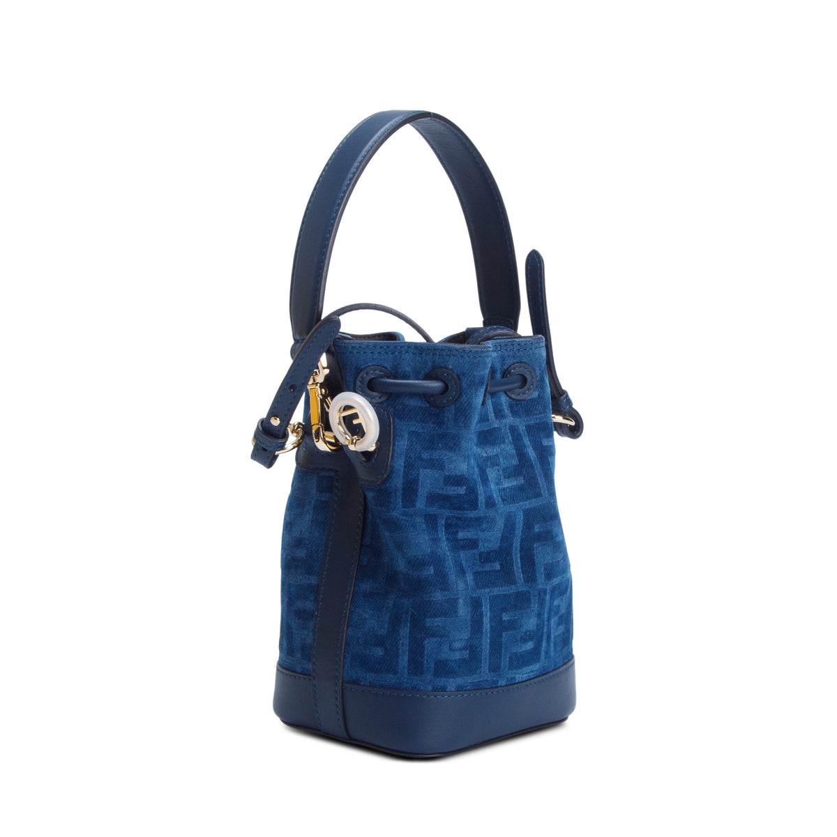 Fendi 2025 Blue Denim Effect Velvet FF Jacquard Vitello Mini Mon Tresor Bucket Bag w/ Box, Straps & Receipt