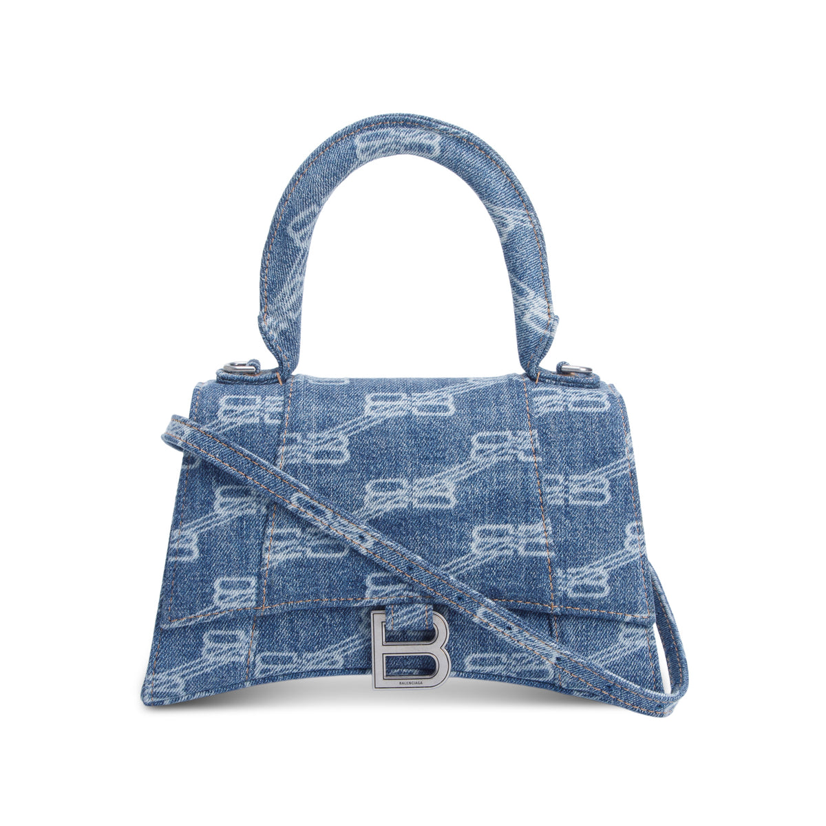 Balenciaga Blue Denim BB Monogram Small Hourglass Top Handle Bag w/ Strap