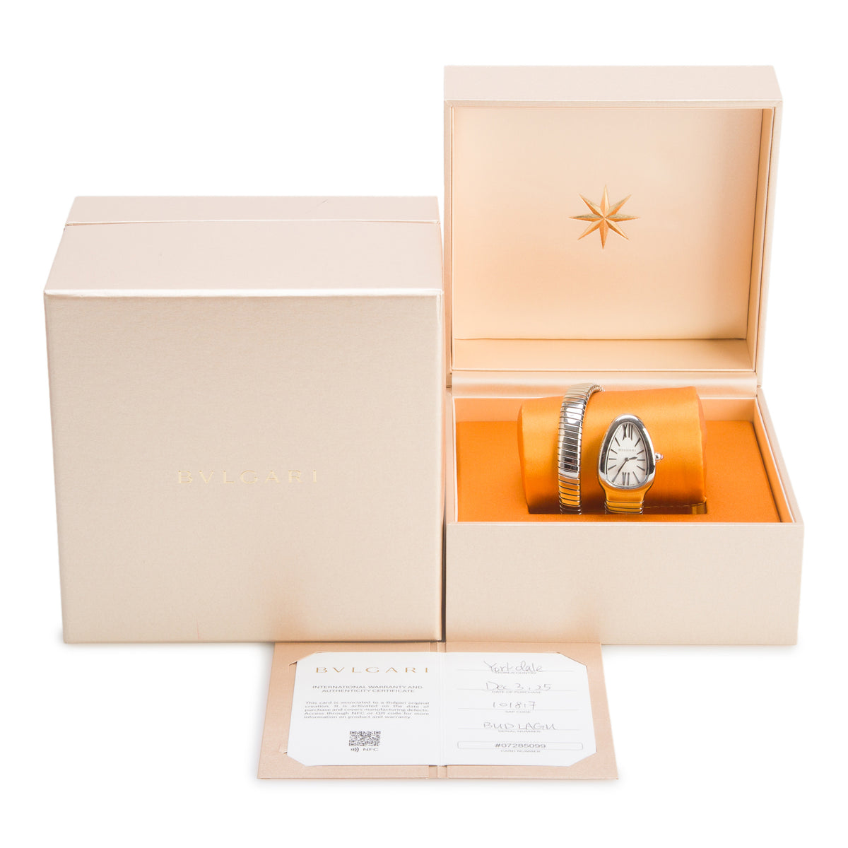 BVLGARI 2025 Stainless Steel Serpenti Tubogas Watch Silver Opaline Dial 101817 w/ Box & Papers