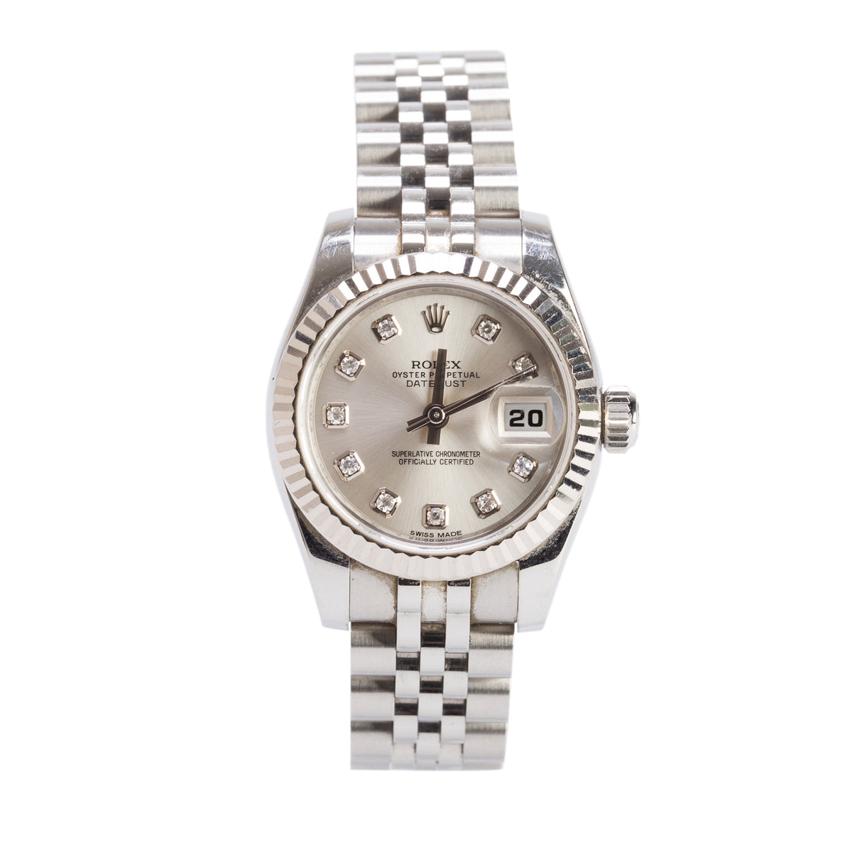 Rolex Stainless Steel Lady-Datejust 26 MM Automatic Watch Silver Diamond Dial 179174