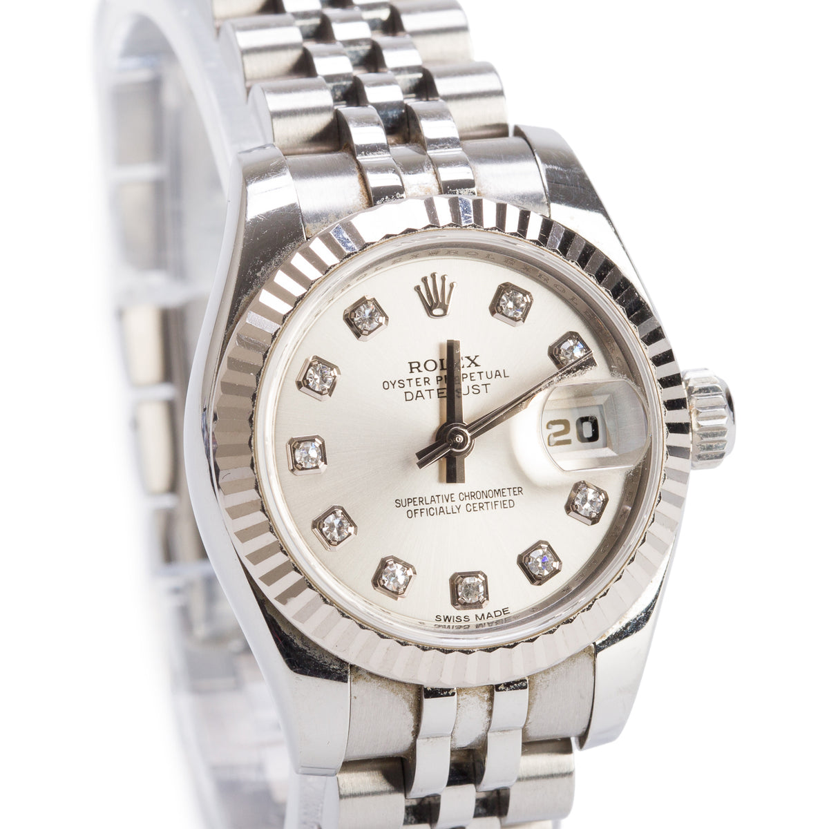 Rolex Stainless Steel Lady-Datejust 26 MM Automatic Watch Silver Diamond Dial 179174