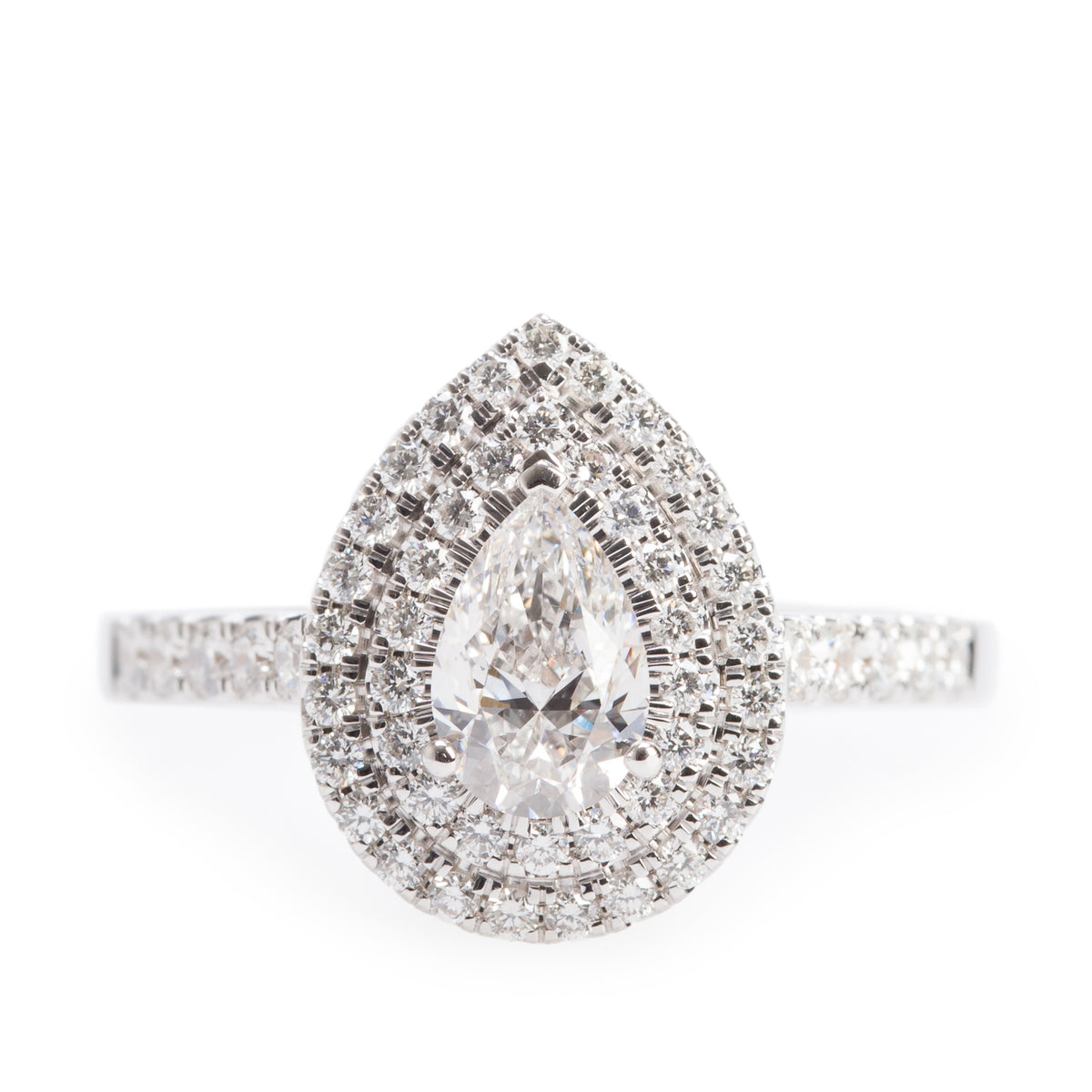 18k White Gold 0.70 ct. Pear Shaped Diamond Double Halo Engagement Ring, Size 6.75