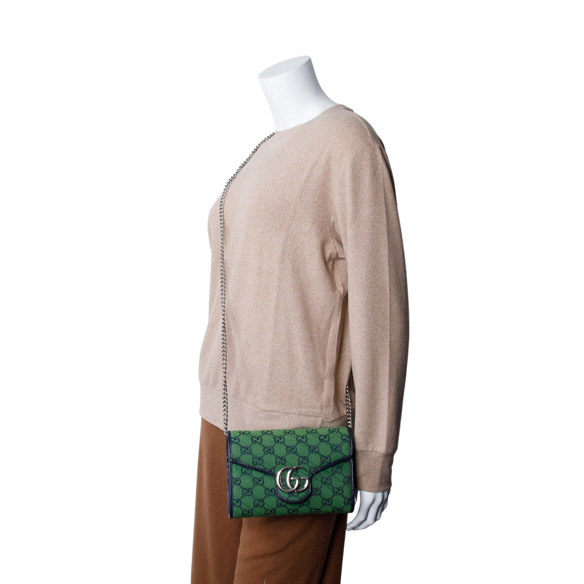 Gucci Green Monogram Multicolor Matelasse Diagonal Small GG Marmont Chain Wallet