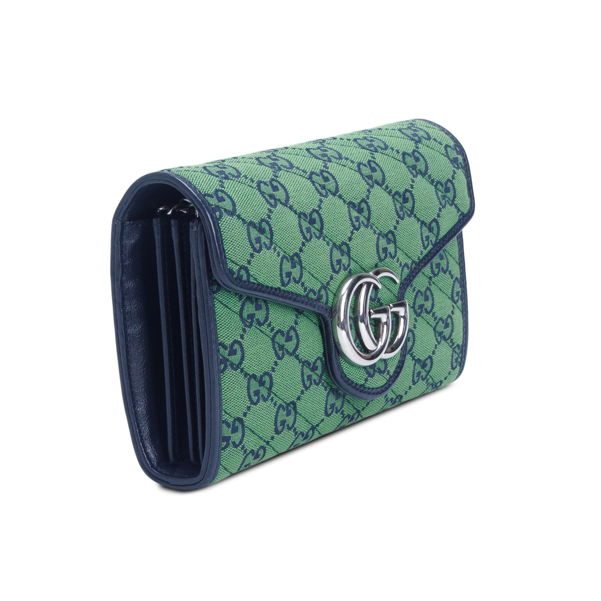 Gucci Green Monogram Multicolor Matelasse Diagonal Small GG Marmont Chain Wallet