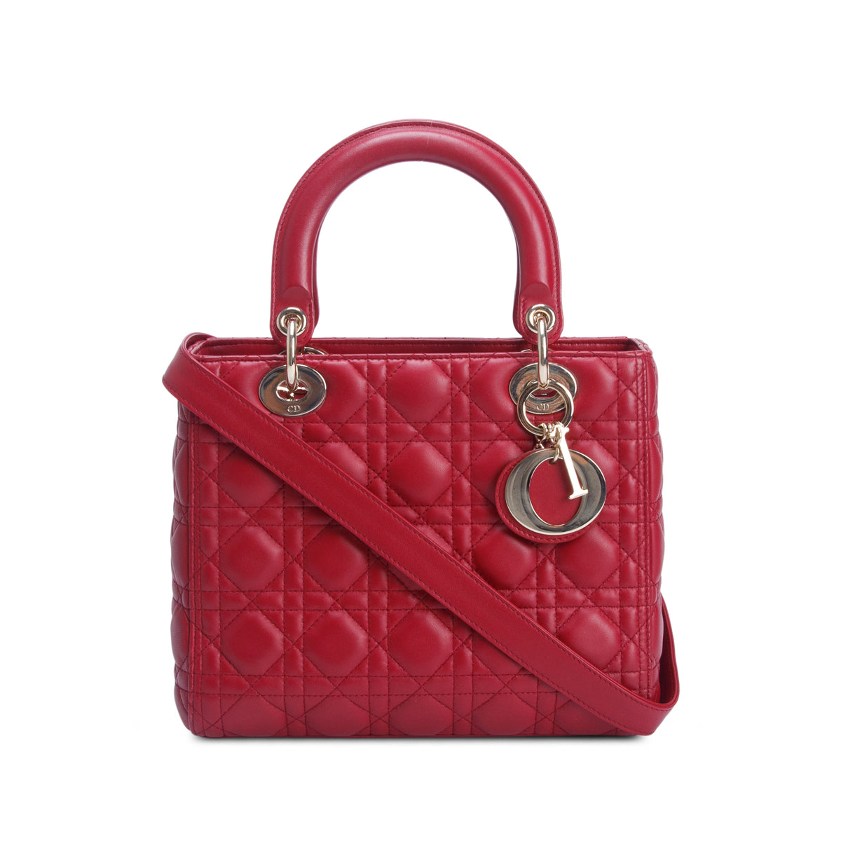 Christian Dior Red Cannage Lambskin Leather Medium Lady Dior Bag w/ Strap & Authenticity Card