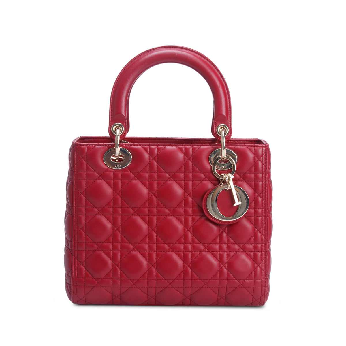 Christian Dior Red Cannage Lambskin Leather Medium Lady Dior Bag w/ Strap & Authenticity Card