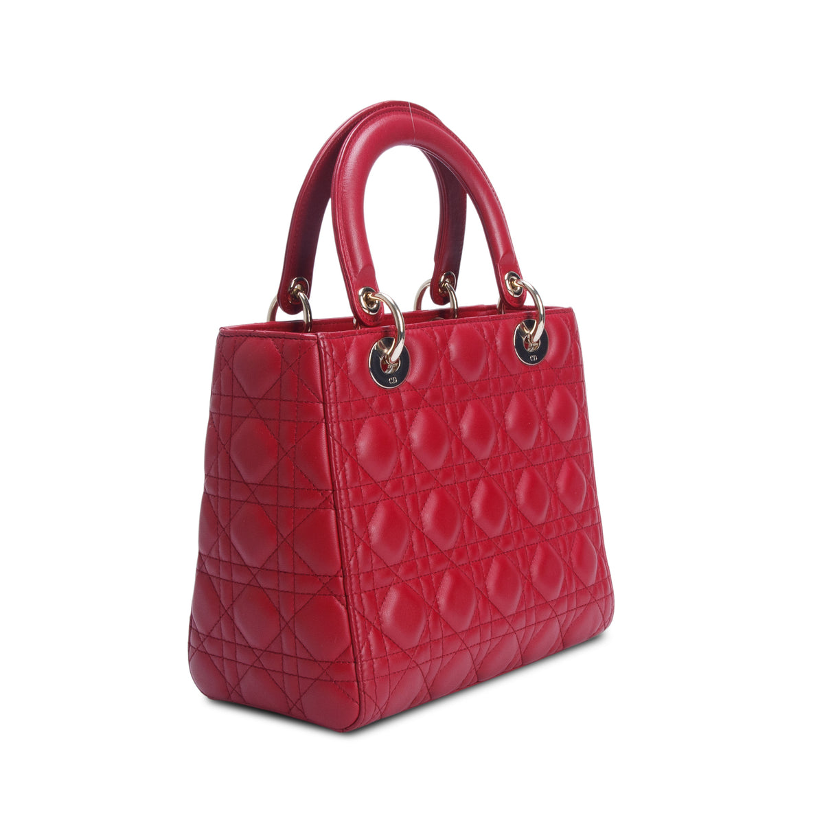 Christian Dior Red Cannage Lambskin Leather Medium Lady Dior Bag w/ Strap & Authenticity Card