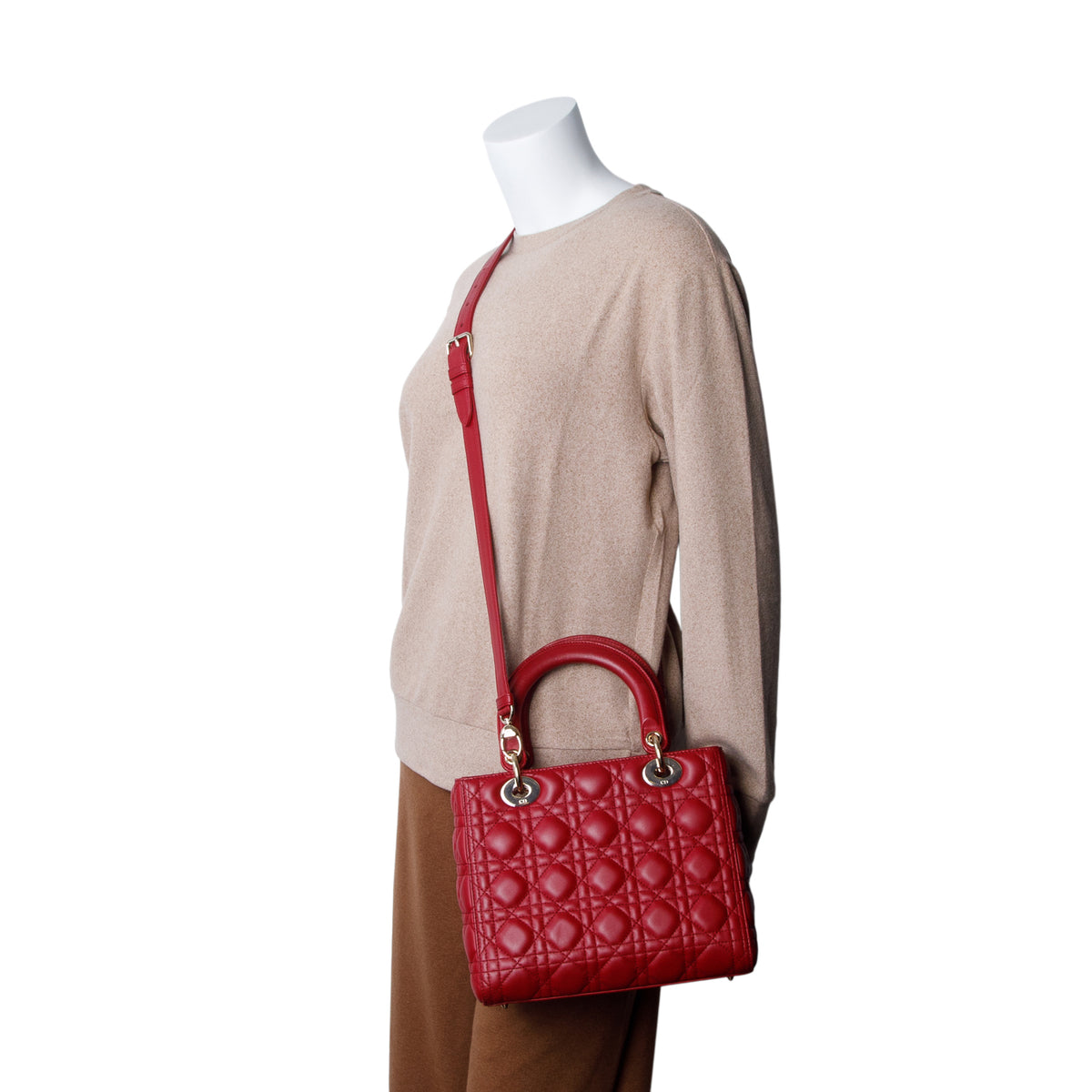Christian Dior Red Cannage Lambskin Leather Medium Lady Dior Bag w/ Strap & Authenticity Card