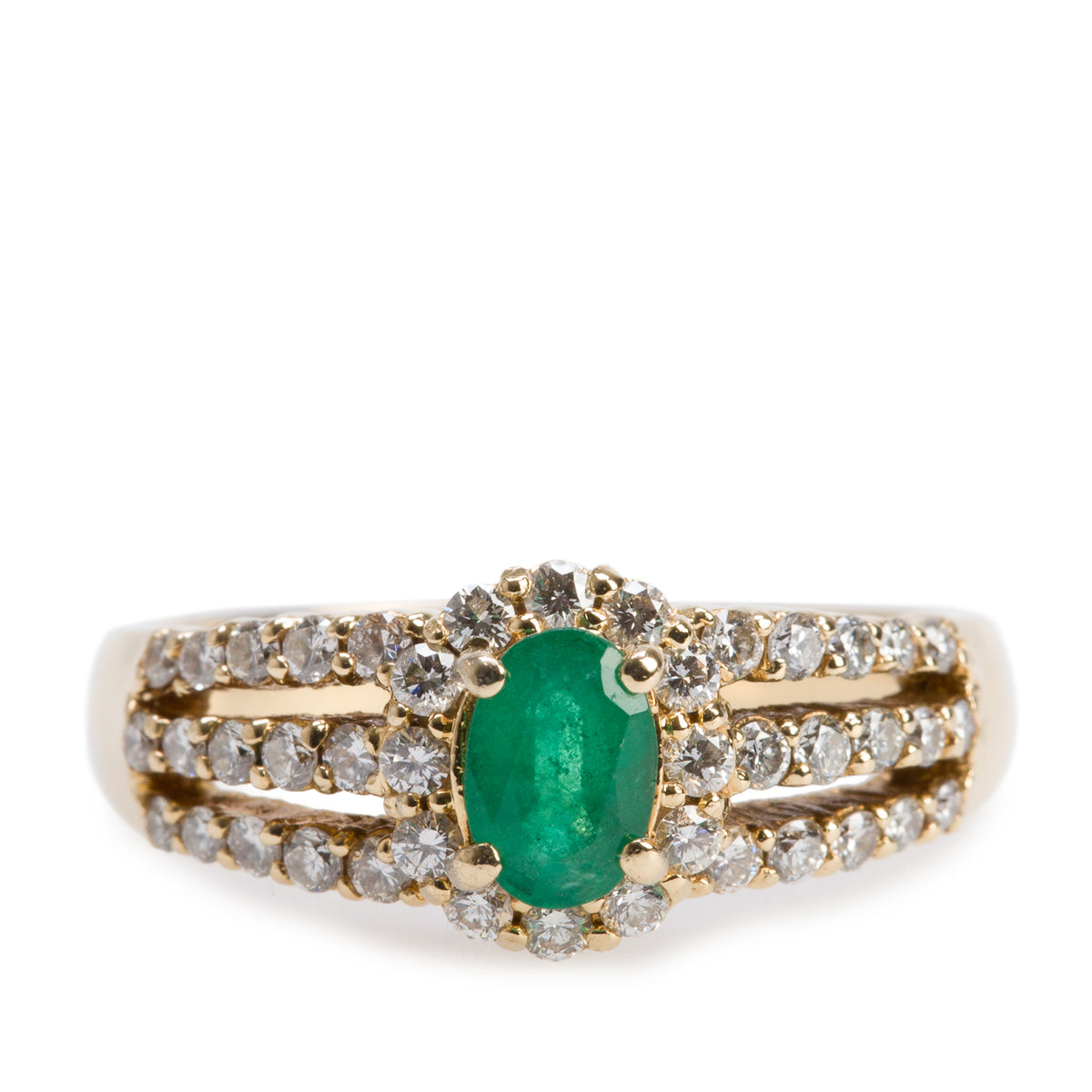 18k Yellow Gold Emerald & Diamond Ring, Size 7.75