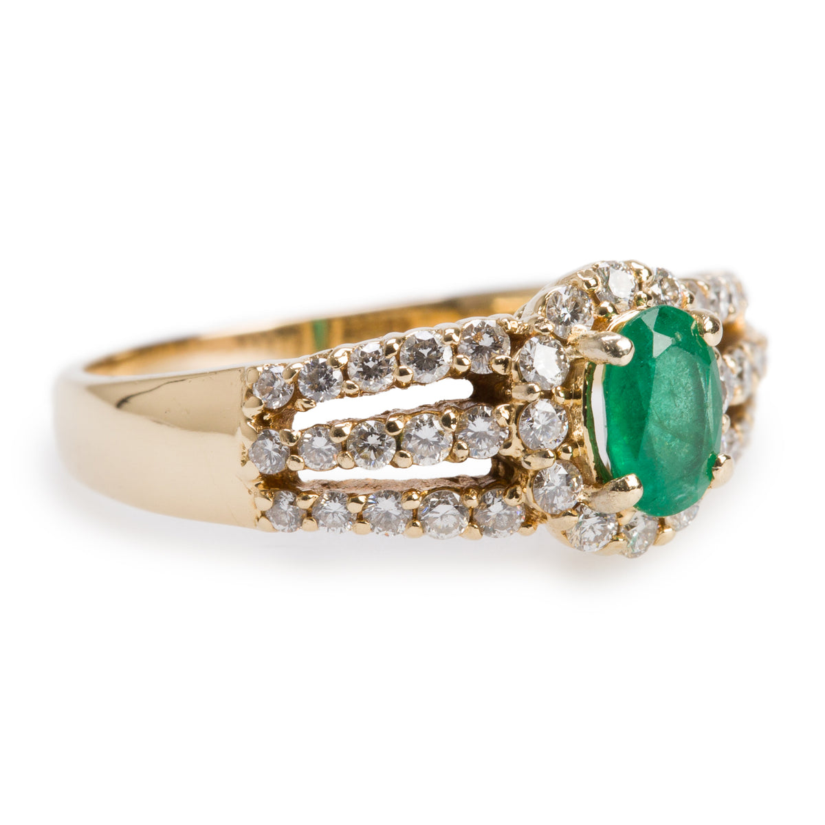 18k Yellow Gold Emerald & Diamond Ring, Size 7.75