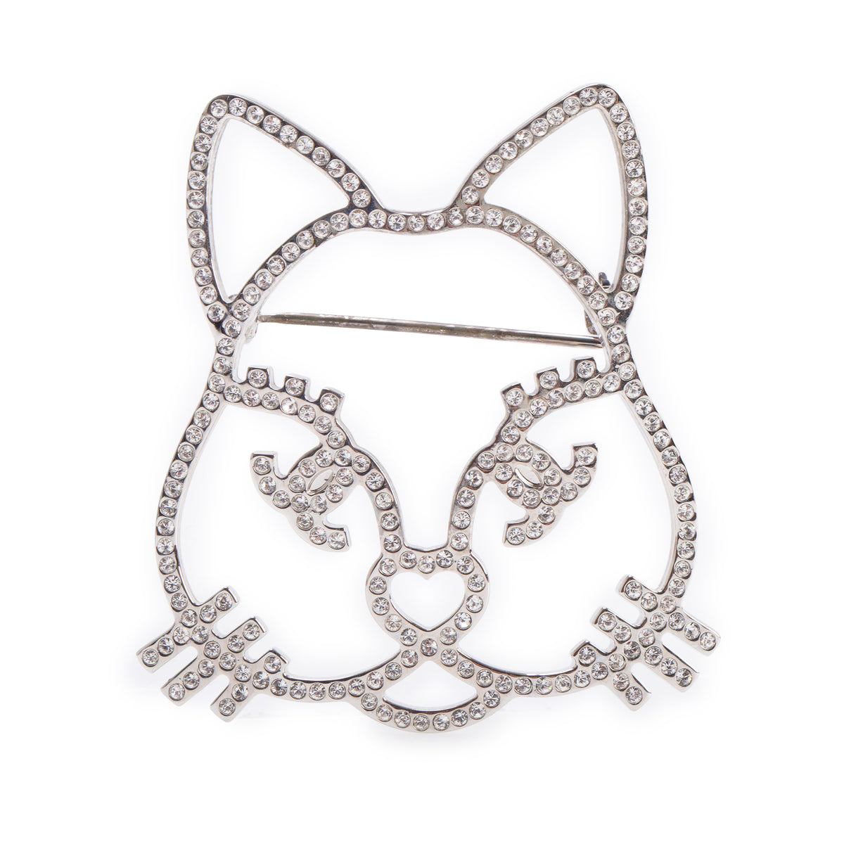 Chanel Palladium Plated Strass Cat Brooch w/ Box & Receipt