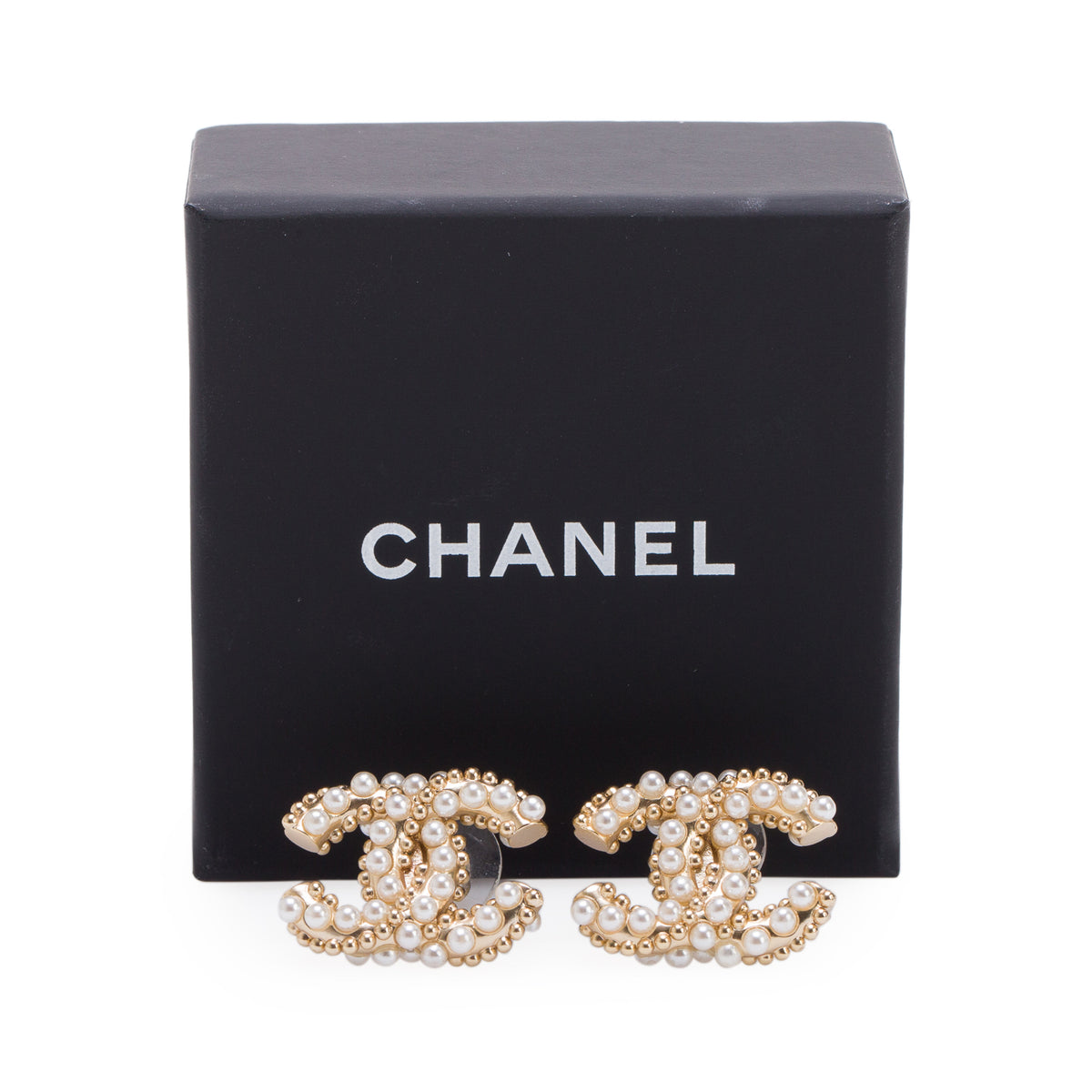 Chanel Gold-Plated Faux Pearl CC Stud Earrings w/ Box
