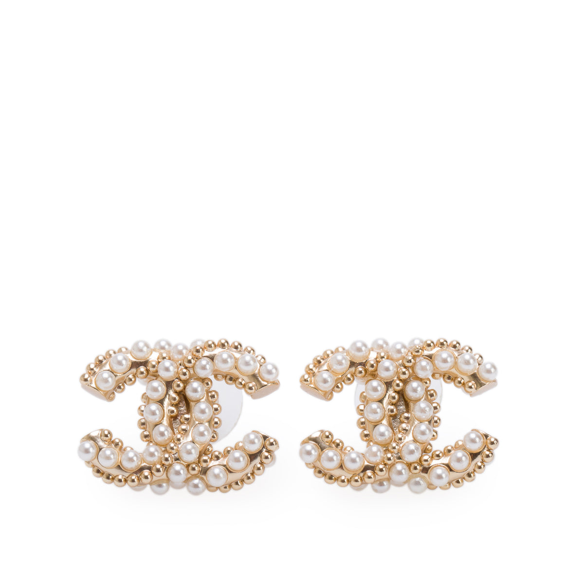 Chanel Gold-Plated Faux Pearl CC Stud Earrings w/ Box