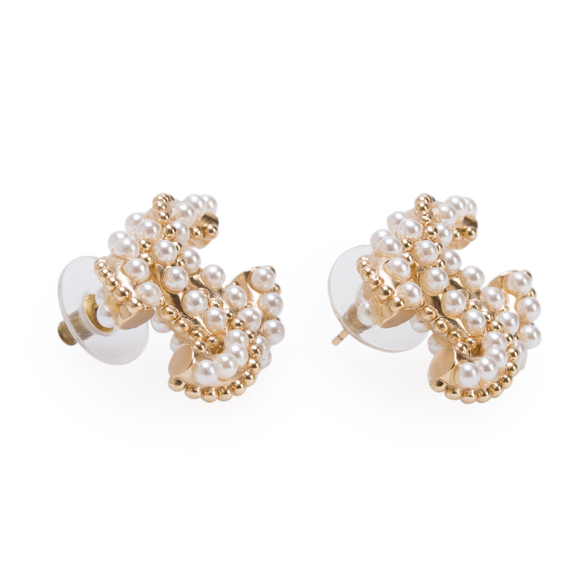 Chanel Gold-Plated Faux Pearl CC Stud Earrings w/ Box