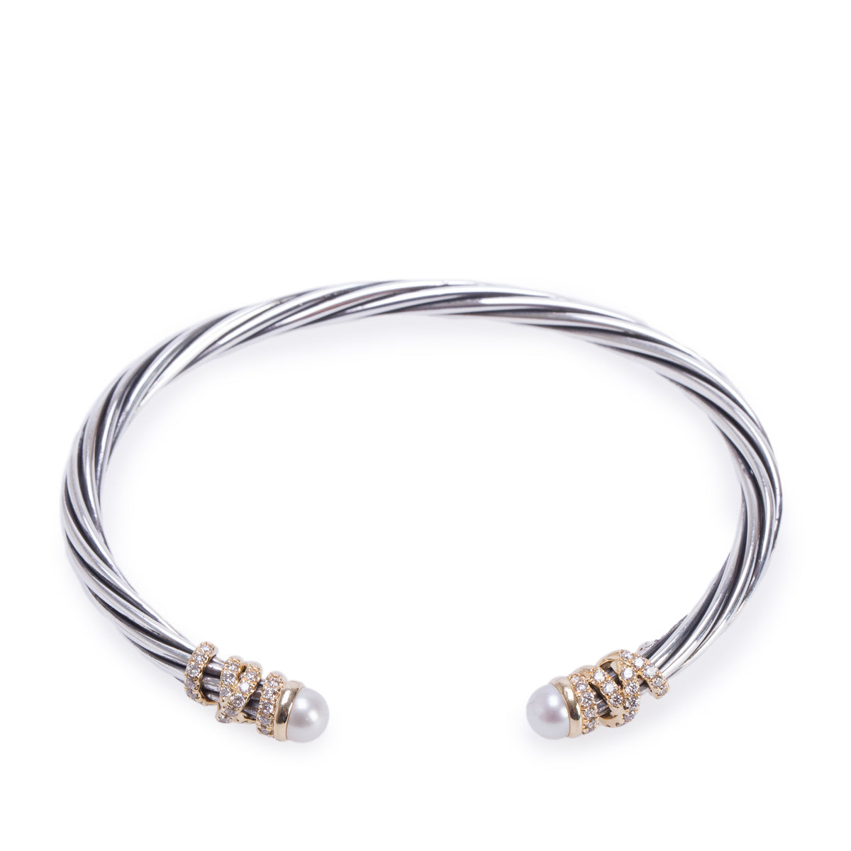 David Yurman Sterling Silver & 18k Yellow Gold Pearl & Diamond Helena Classic 4 MM Cable Bracelet