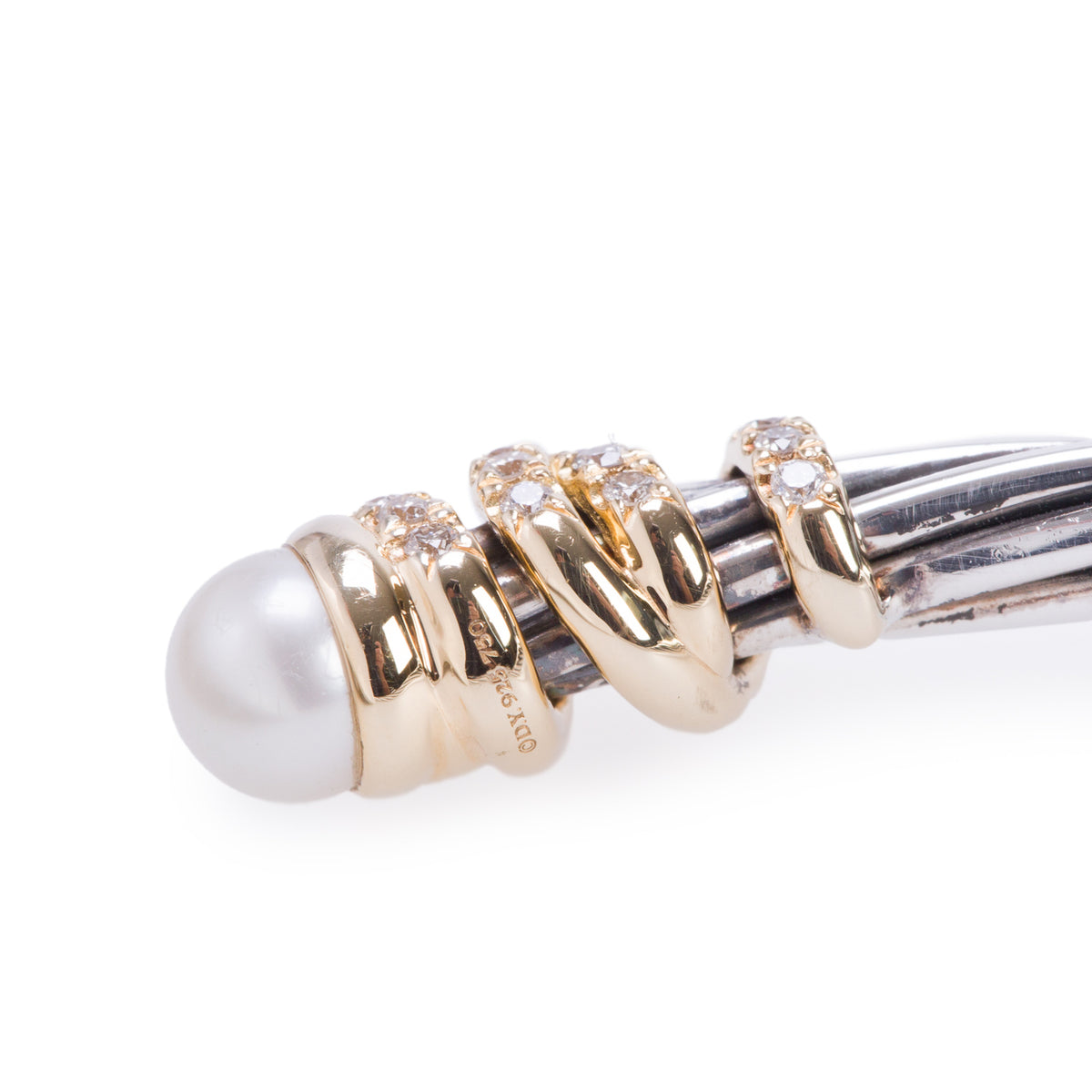 David Yurman Sterling Silver & 18k Yellow Gold Pearl & Diamond Helena Classic 4 MM Cable Bracelet