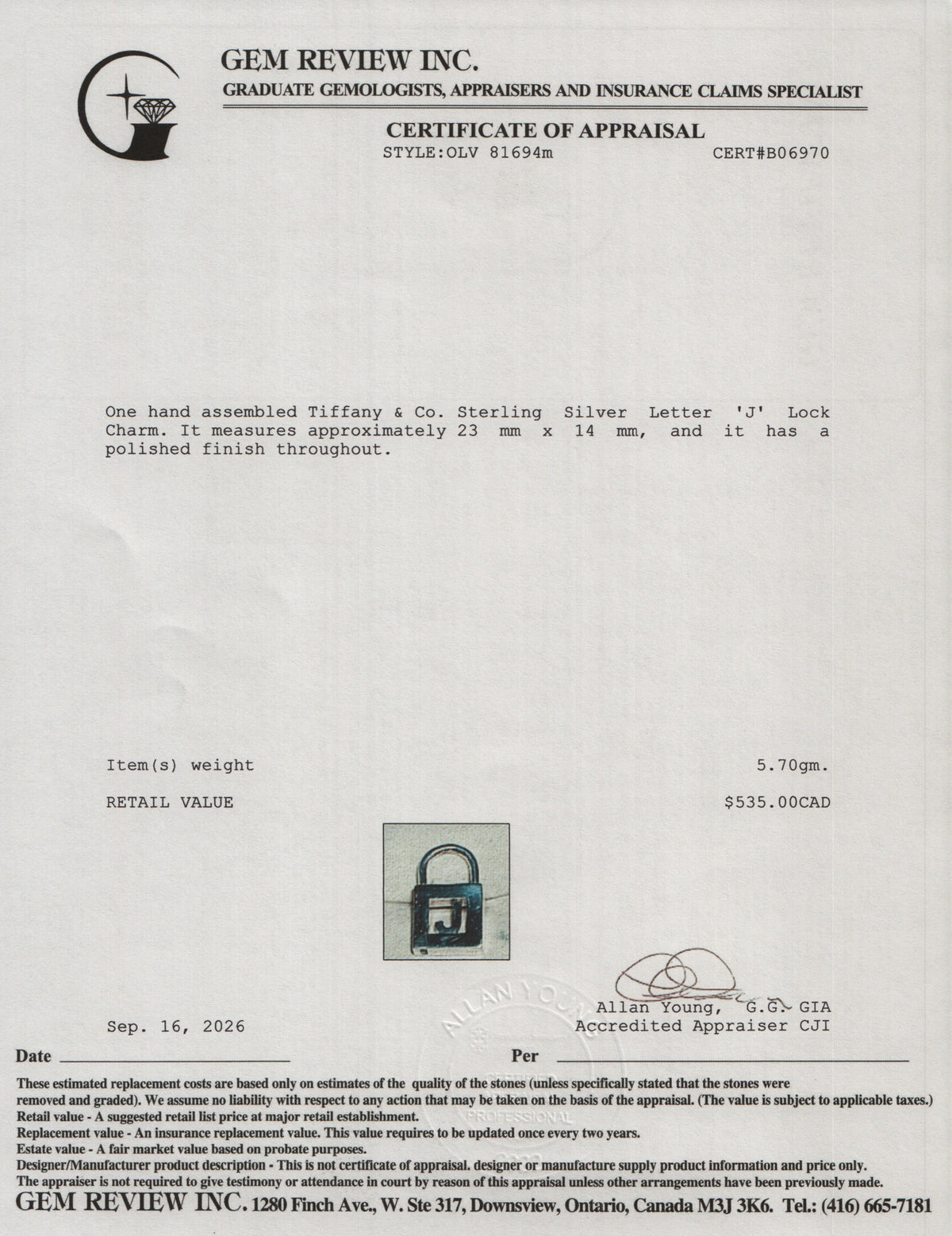 Tiffany & Co. Sterling Silver Letter 'J' Lock Charm