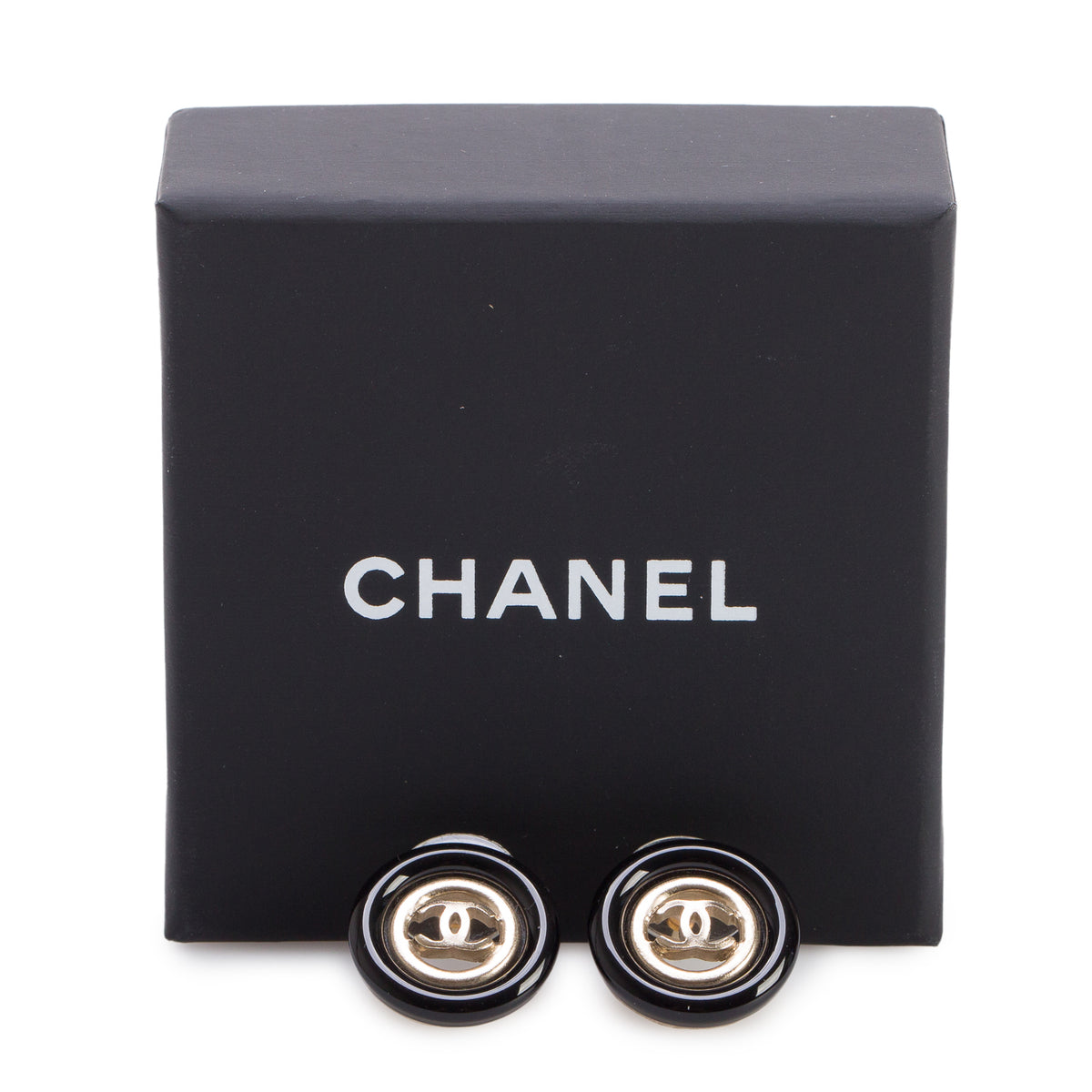 Chanel  Gold-Plated Black Enamel CC Logo Stud Earrings w/ Box