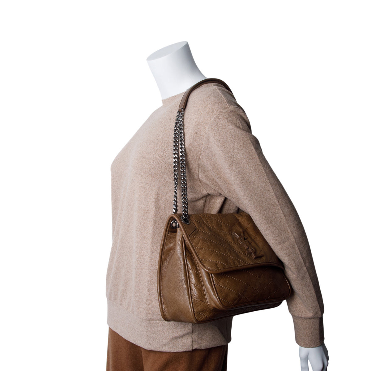 Saint Laurent 2020 Brown Lambskin Matelasse Monogram Medium Niki Chain Satchel
