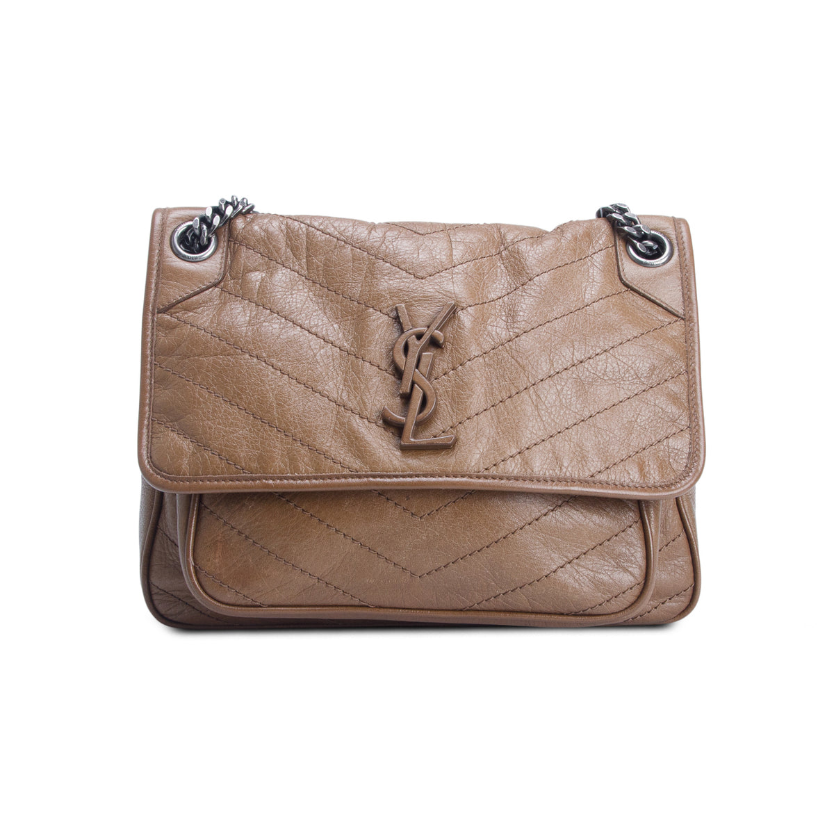 Saint Laurent 2020 Brown Lambskin Matelasse Monogram Medium Niki Chain Satchel