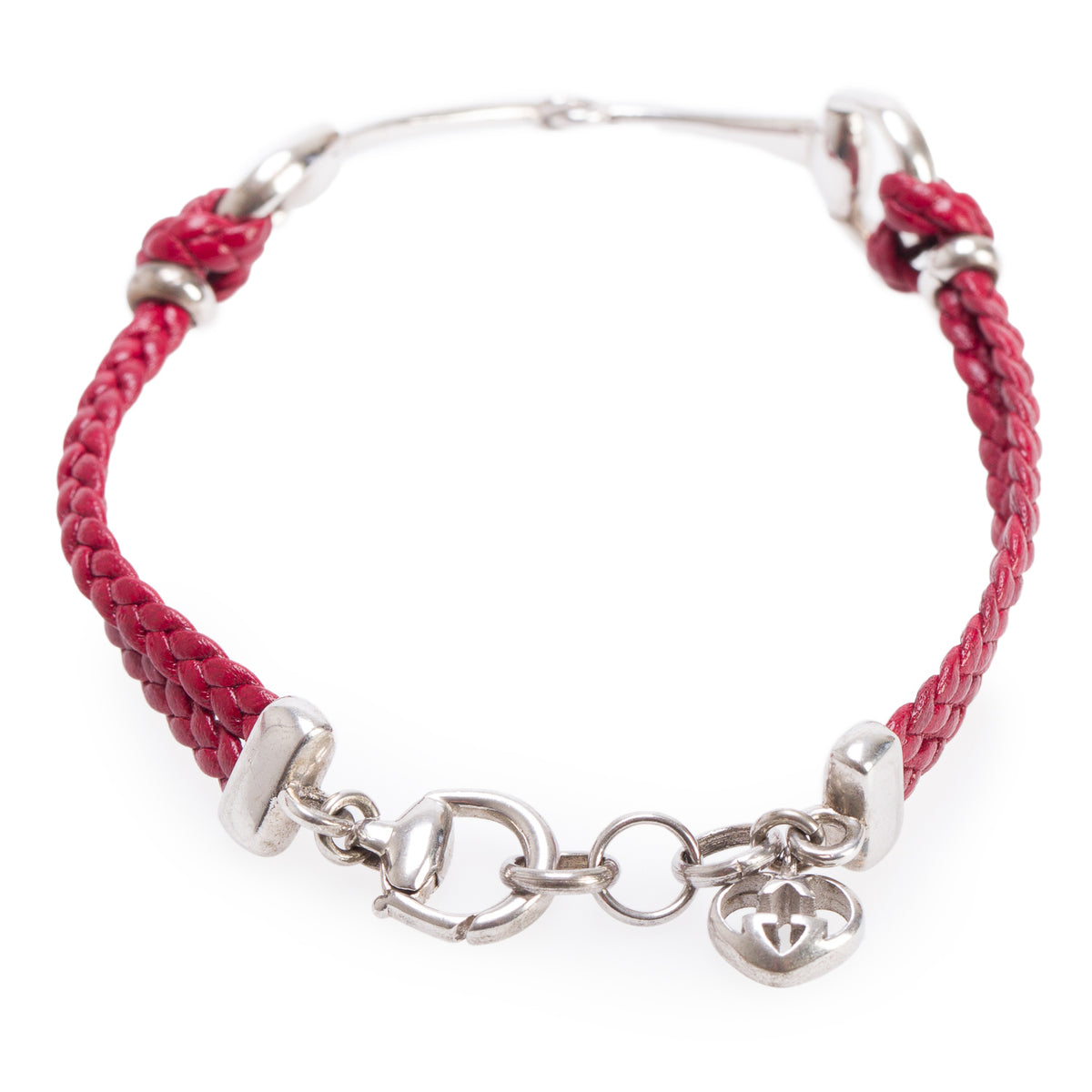 Gucci Sterling Silver Red Braided Leather Horsebit Bracelet