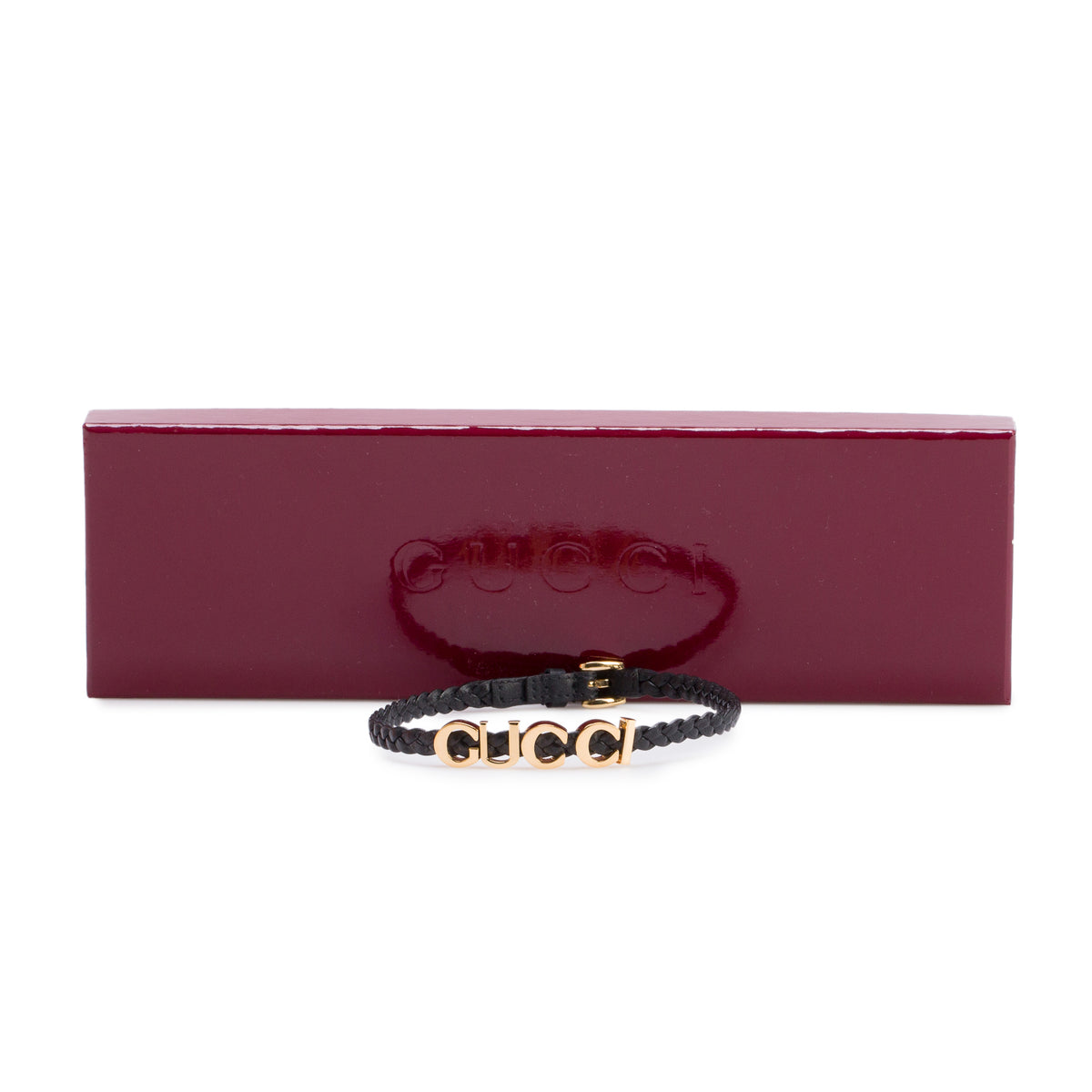 Gucci Black Braided Leather Gold-Plated 'GUCCI' Logo Choker Necklace w/ Box