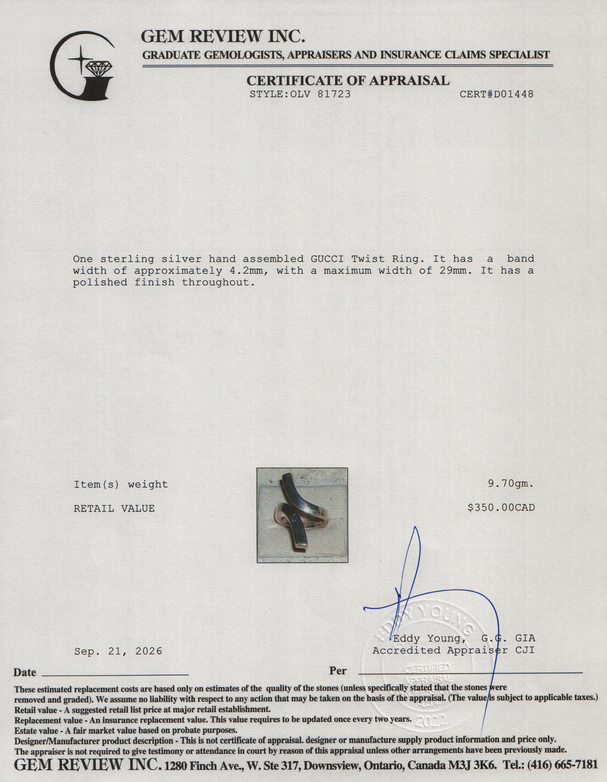 Gucci Sterling Silver Twist Ring, Size 5.75