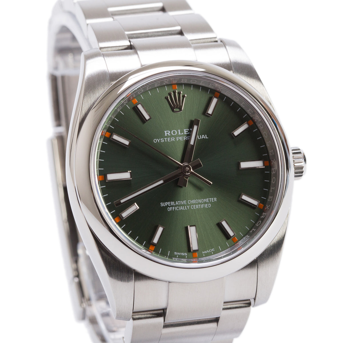Rolex Stainless Steel Oyster Perpetual Air King 34 MM Automatic Watch Olive Green Dial 114200 w/ Box & Service Papers