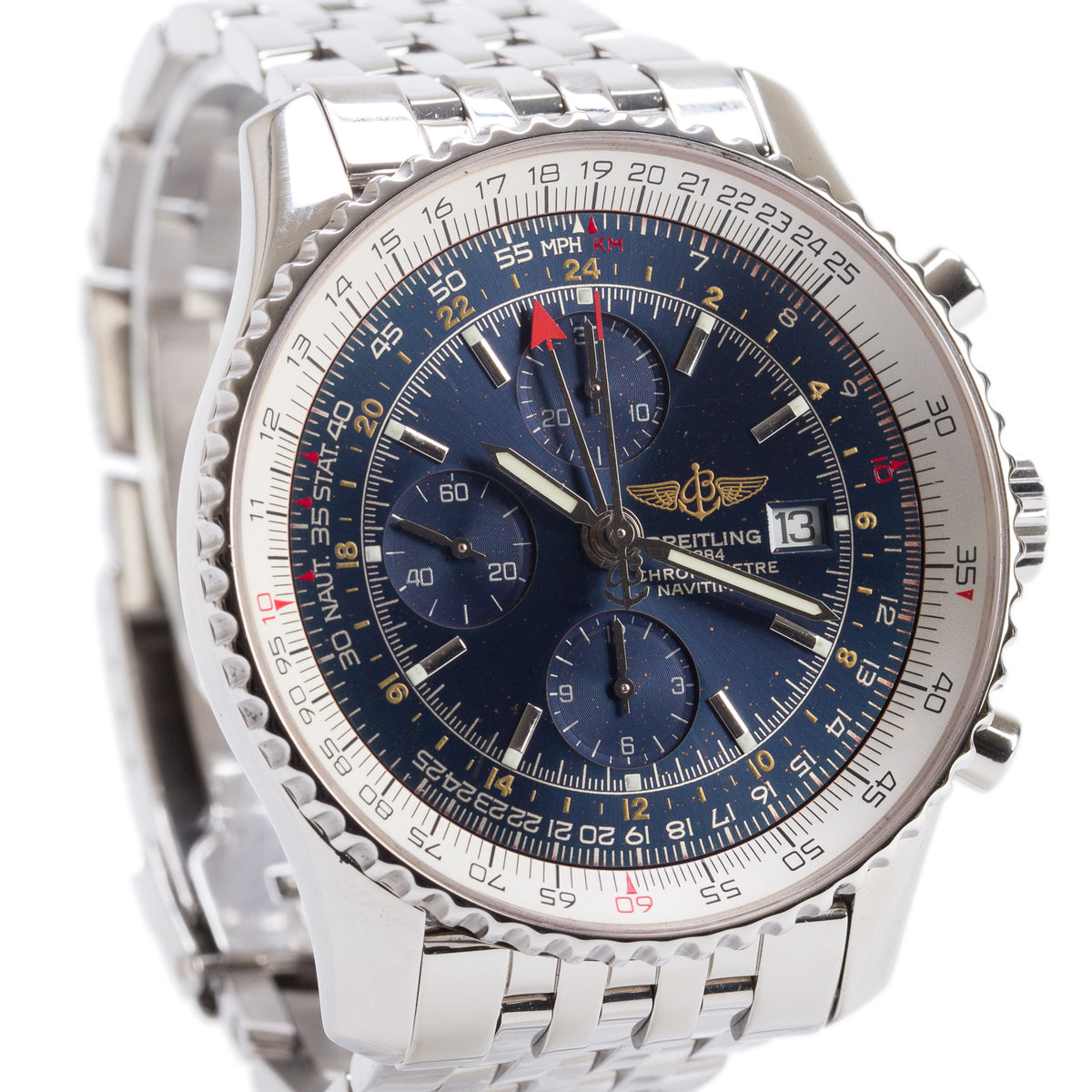 Breitling Stainless Steel Navitimer World GMT 46 MM Chronograph Automatic Watch Blue Dial A2432