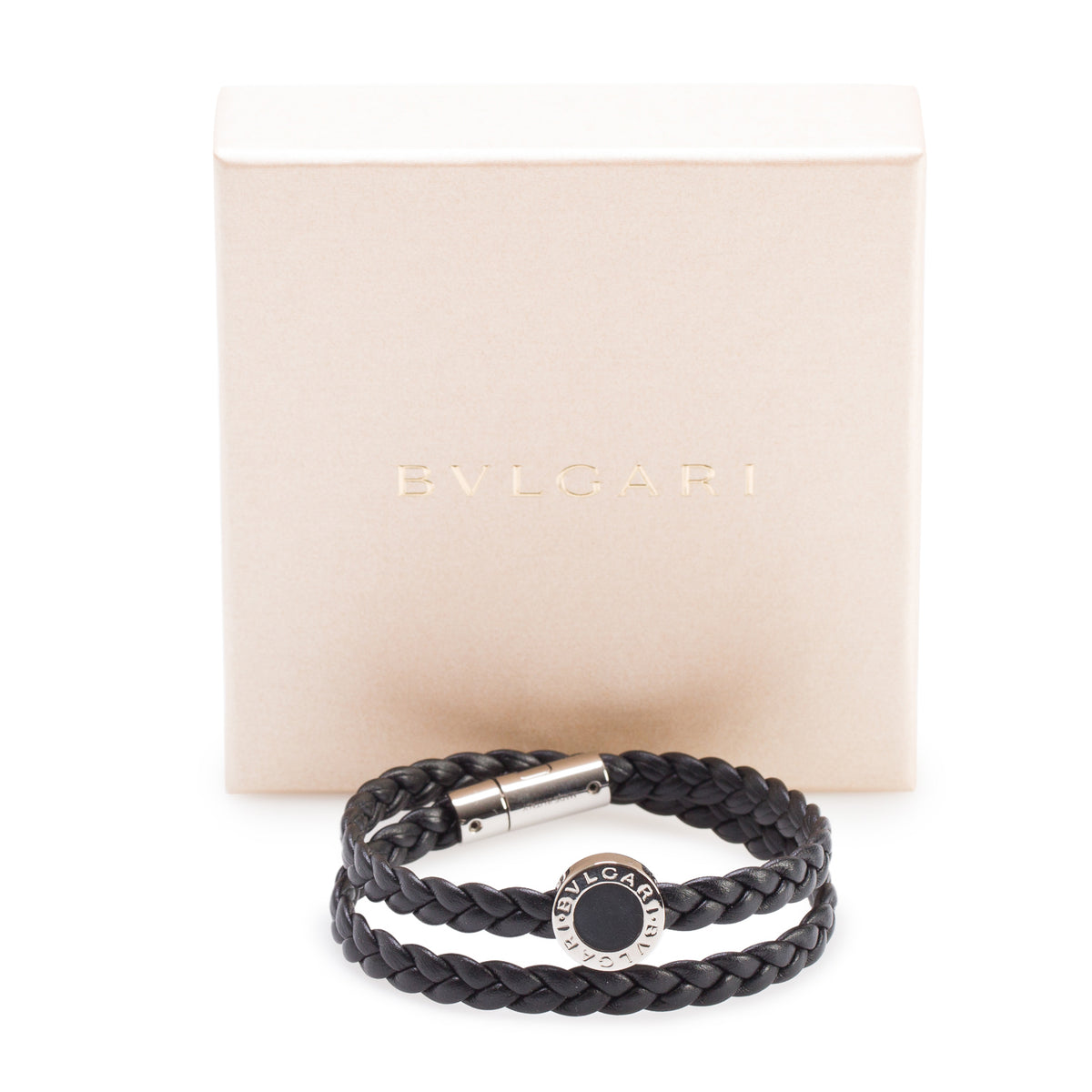 BVLGARI 2026 Bvlgari Palladium Plated Black Braided Leather Man Bracelet w/ Box & Certificate
