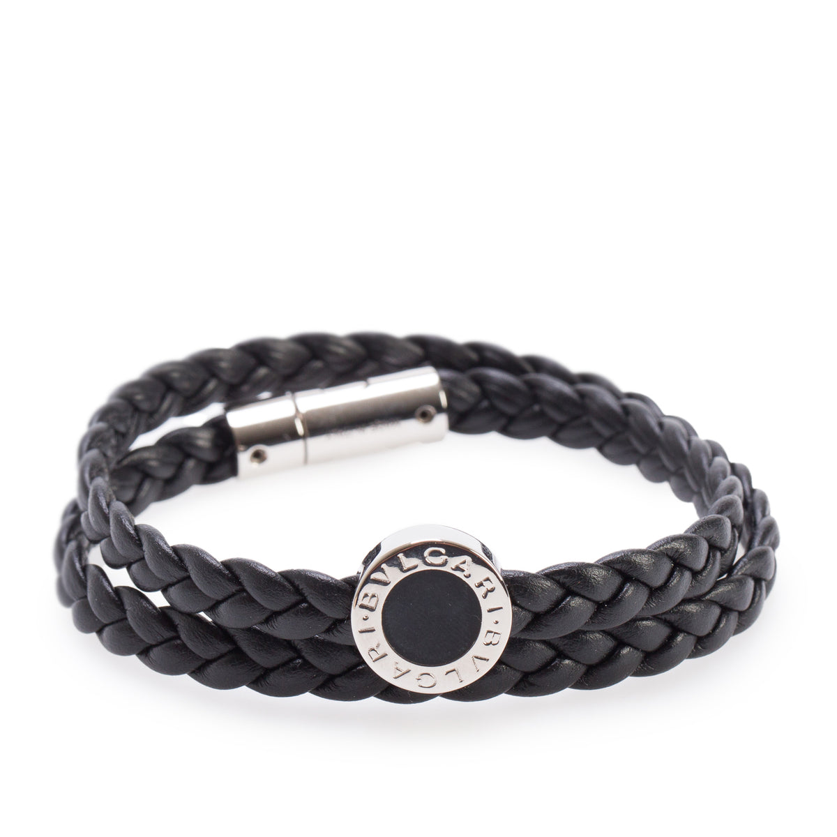 BVLGARI 2026 Bvlgari Palladium Plated Black Braided Leather Man Bracelet w/ Box & Certificate