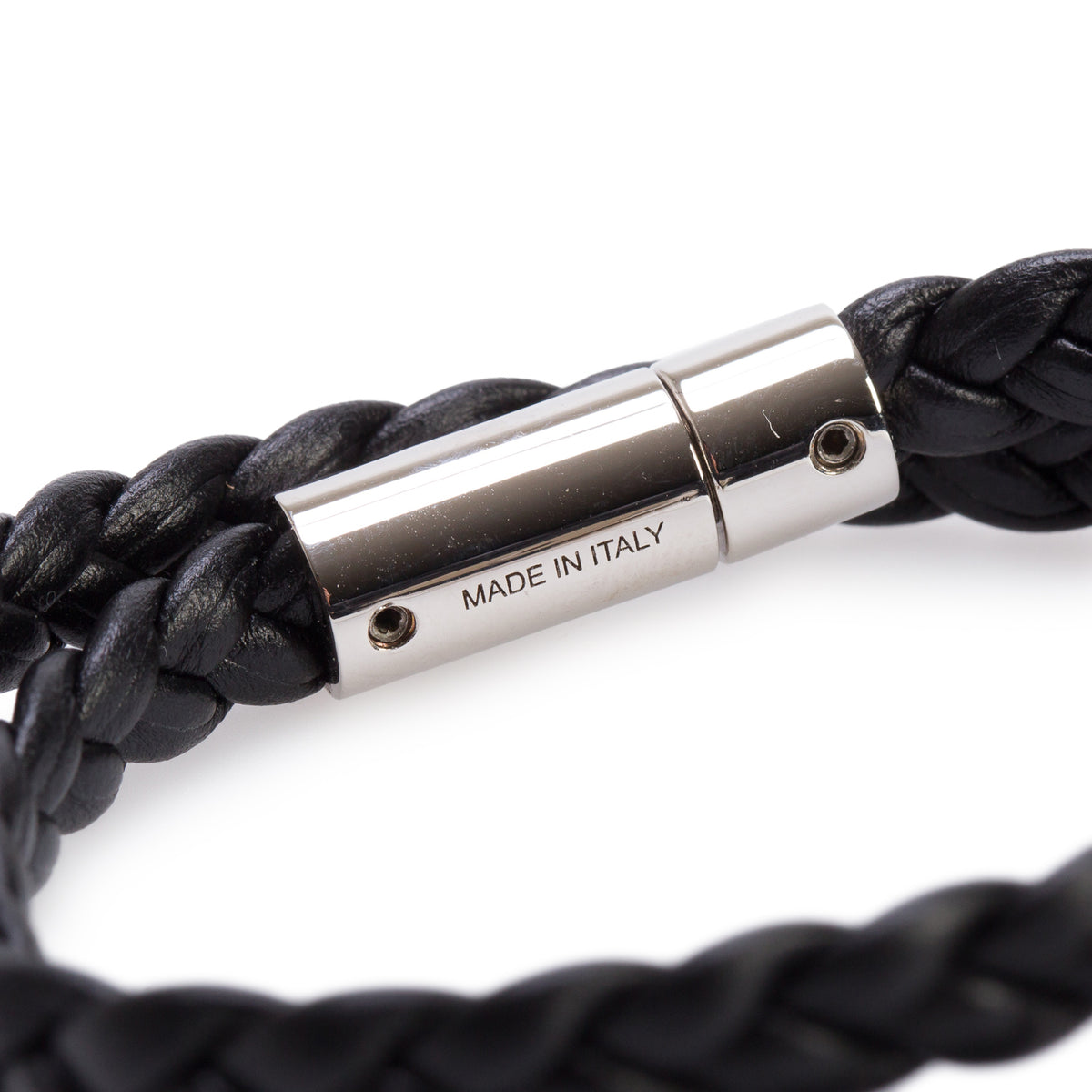 BVLGARI 2026 Bvlgari Palladium Plated Black Braided Leather Man Bracelet w/ Box & Certificate