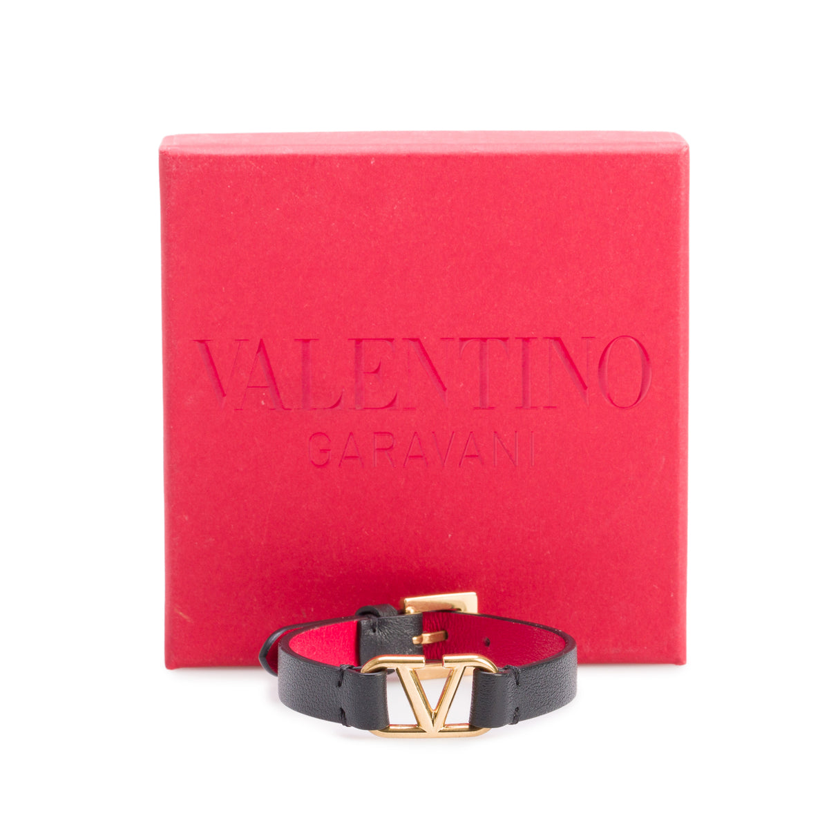 Valentino Gold Plated Metal Black Leather Vlogo Signature Bracelet w/ Box