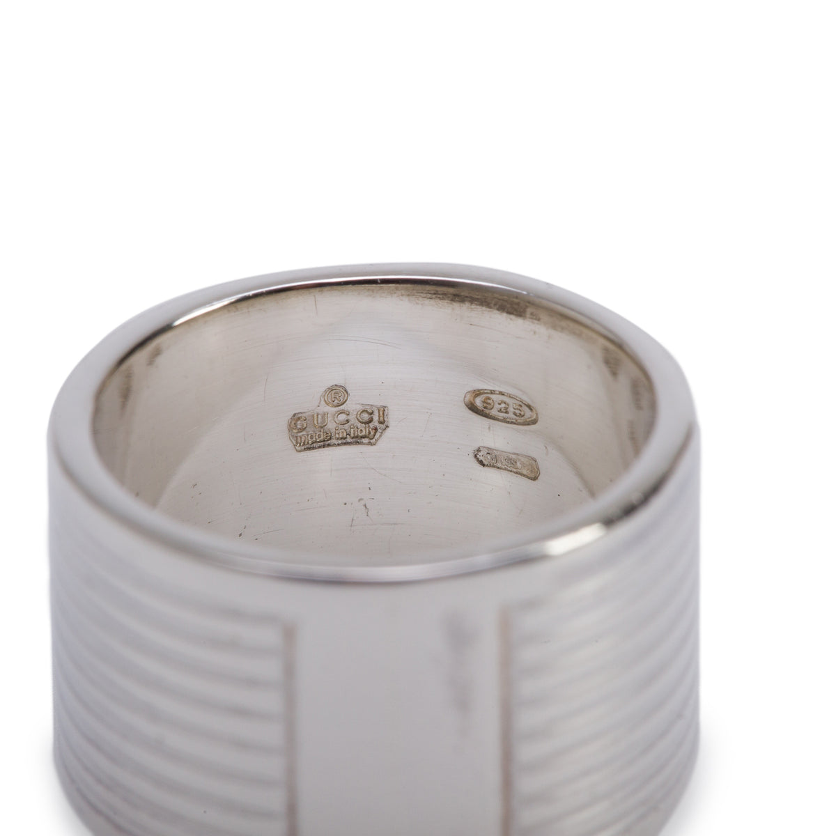 Gucci Sterling Silver Trademark 12 MM Wide Striped Band Ring, Size 6