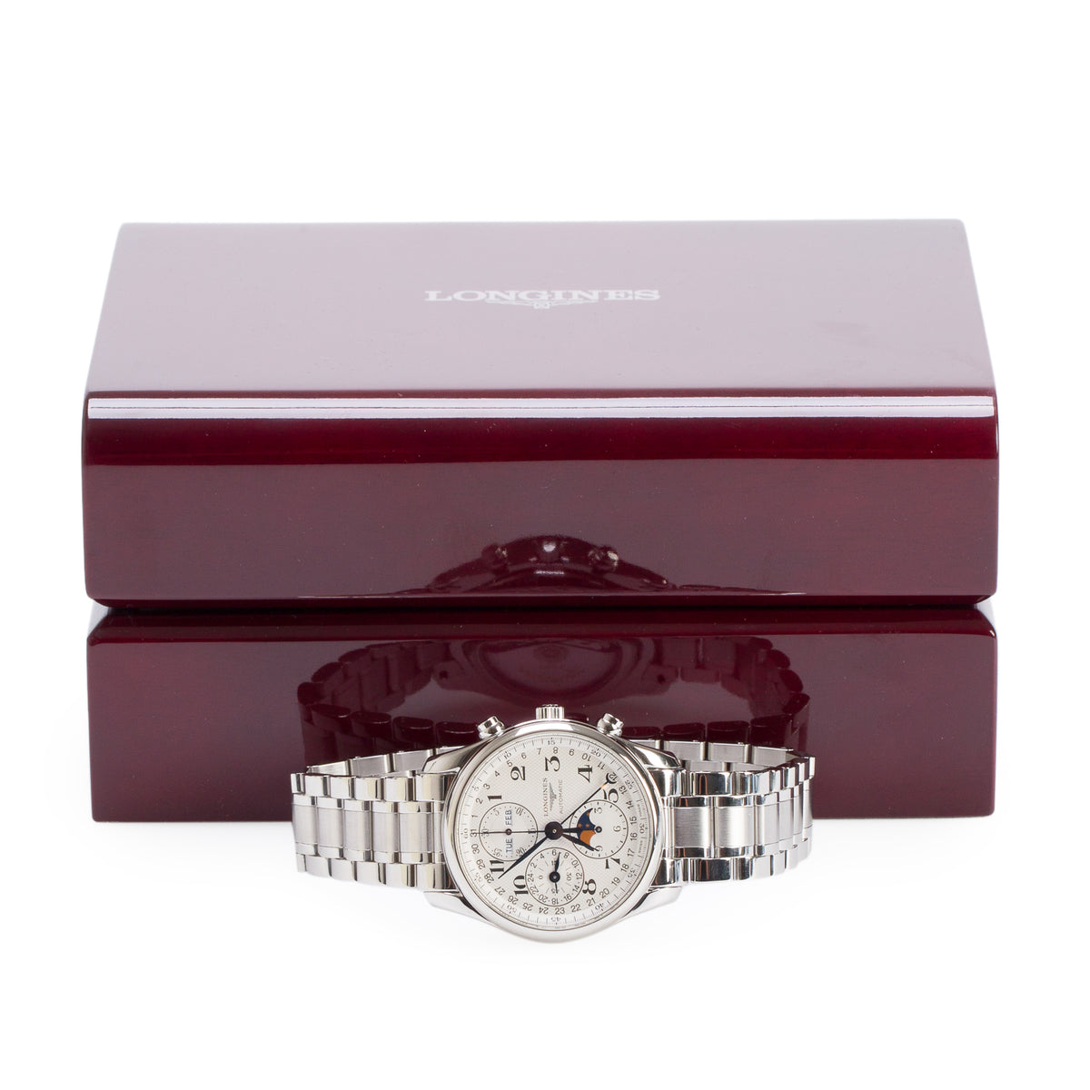 Longines Stainless Steel Master Collection 40 MM Automatic Moonphase Chronograph Watch Silver Dial w/ Box & Papers