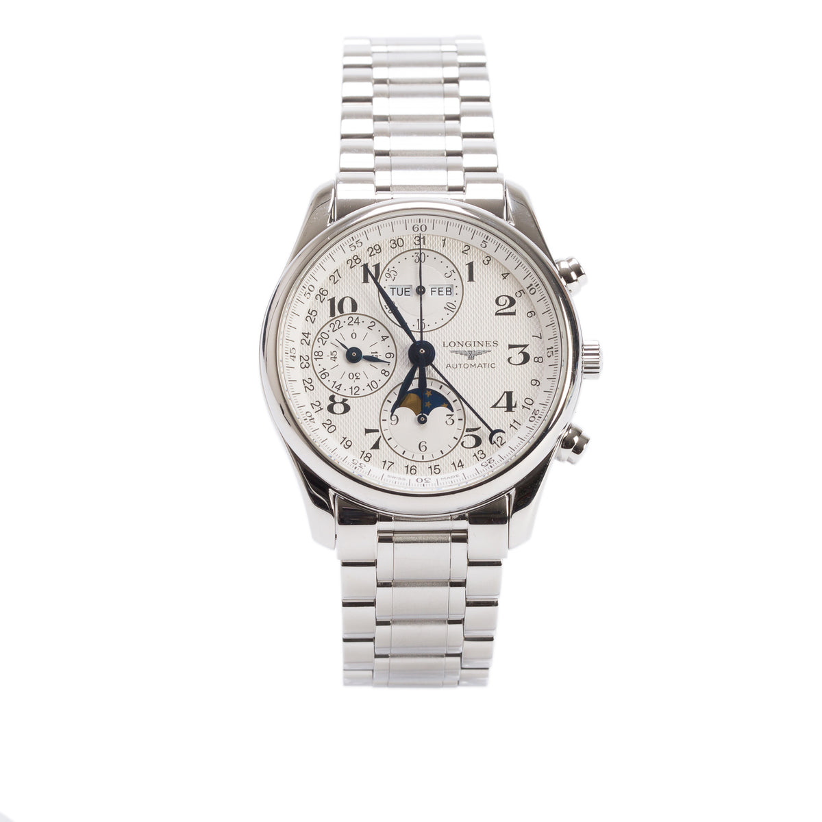 Longines Stainless Steel Master Collection 40 MM Automatic Moonphase Chronograph Watch Silver Dial w/ Box & Papers