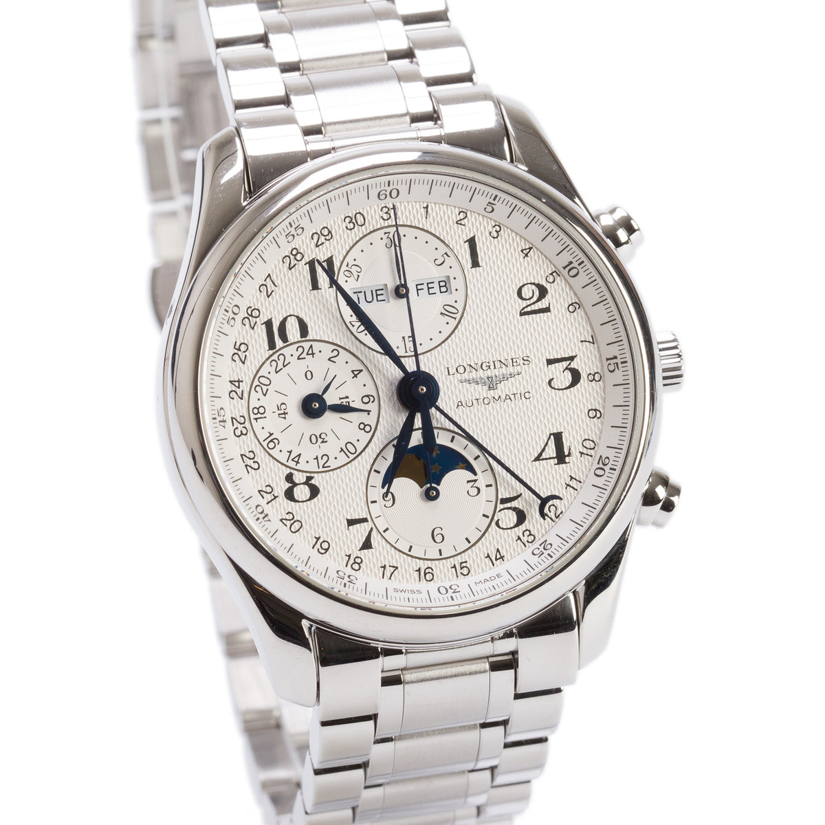 Longines Stainless Steel Master Collection 40 MM Automatic Moonphase Chronograph Watch Silver Dial w/ Box & Papers