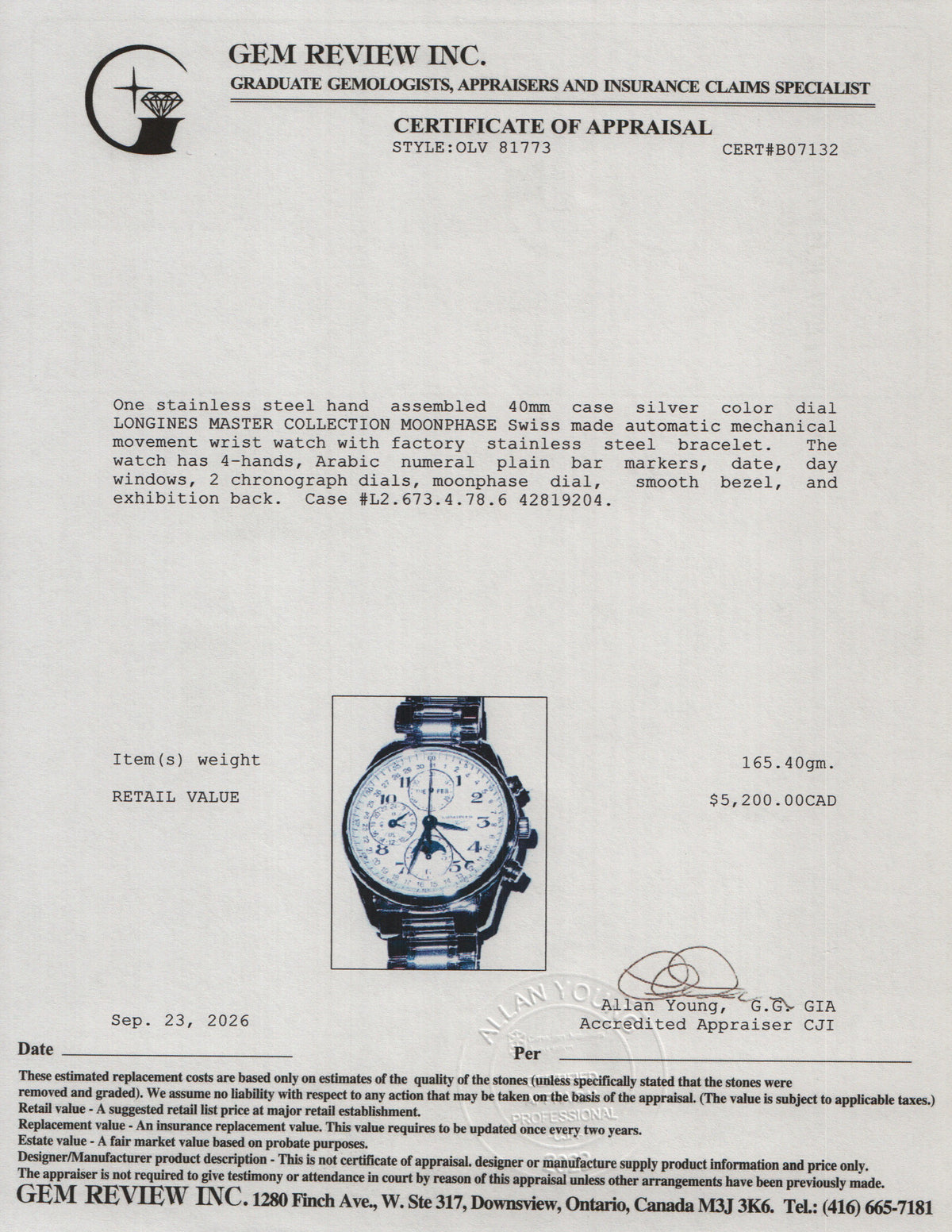 Longines Stainless Steel Master Collection 40 MM Automatic Moonphase Chronograph Watch Silver Dial w/ Box & Papers