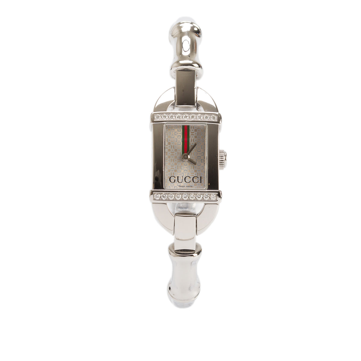 Gucci Stainless Steel Diamond Bezel Bamboo 6800L Watch Silver Web Dial